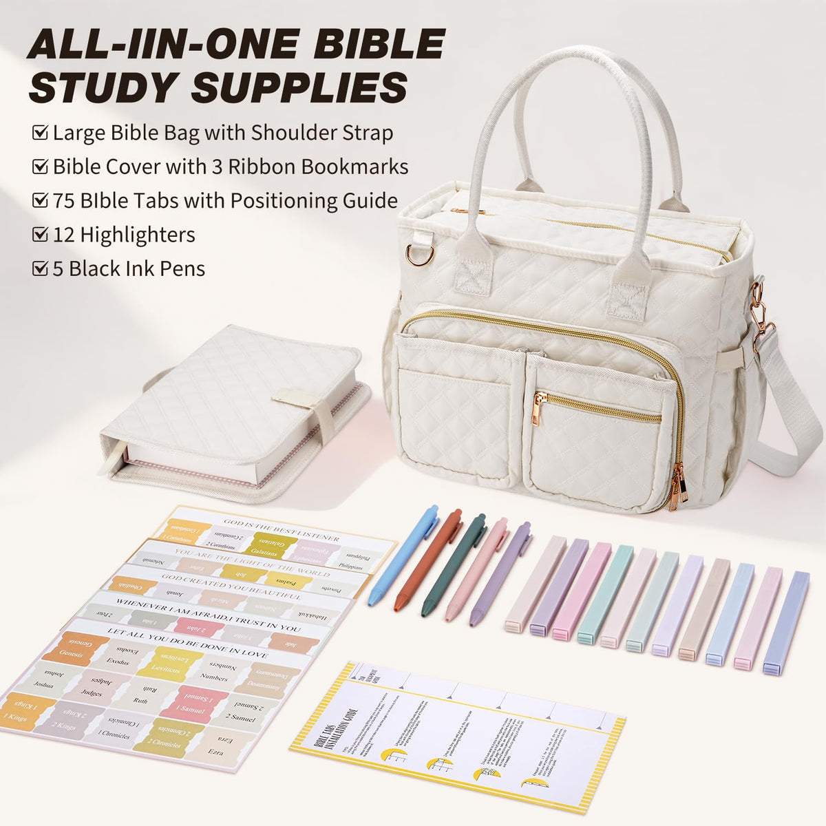 KOPKOFT Large Bible Cover Case for Women, Quilted Church Tote Bag with Shoulder Strap, Bible Study Supplies Journaling Kit Bible Accessories, Christmas Christian Gift for Women (Beige)