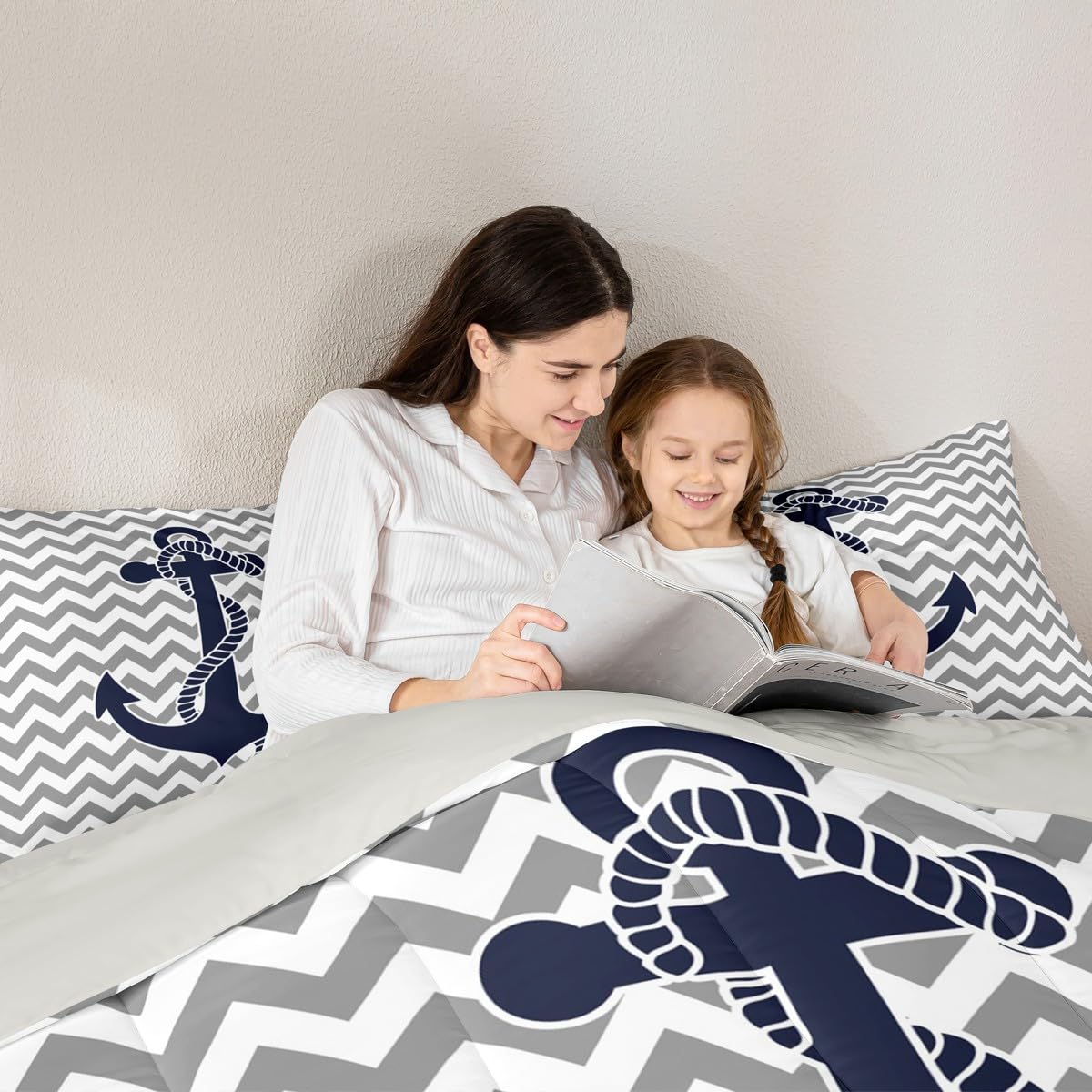 Castle Fairy Nautical Anchor Comforter Set Twin Size,Geometric Gray Stripe Bedding Set 2pcs for Kids Teens Adults Room Decor,Ocean Adventure Themed Quilt Set Modern Abstract Duvet Insert,1 Pillowcase