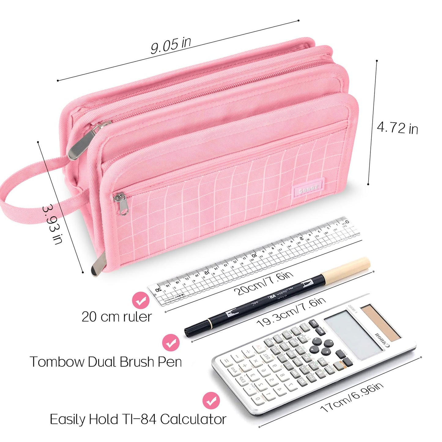 Sooez Large Pencil Case, Big Capacity Pencil Pouch Pen Bag with 3 Compartment, Portable Canvas Stationery Organizer with Zipper, Cute Aesthetic School Supplies for Teen Girls, Celadon