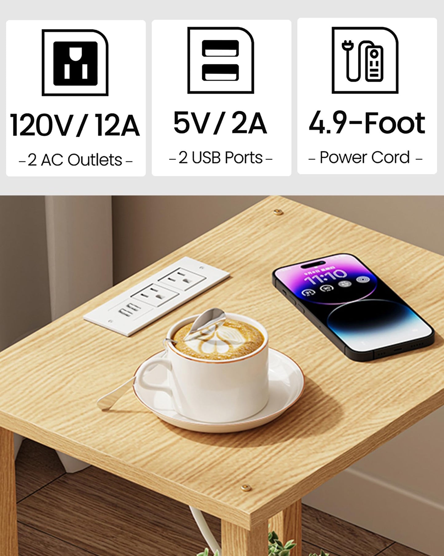 TUTOTAK End Table with Charging Station, Small Side Table with Outlets, Nightstand Bedside Table, 2-Tier Storage Shelf for Small Space, Living Room, Bedroom, Natural TB01BN040