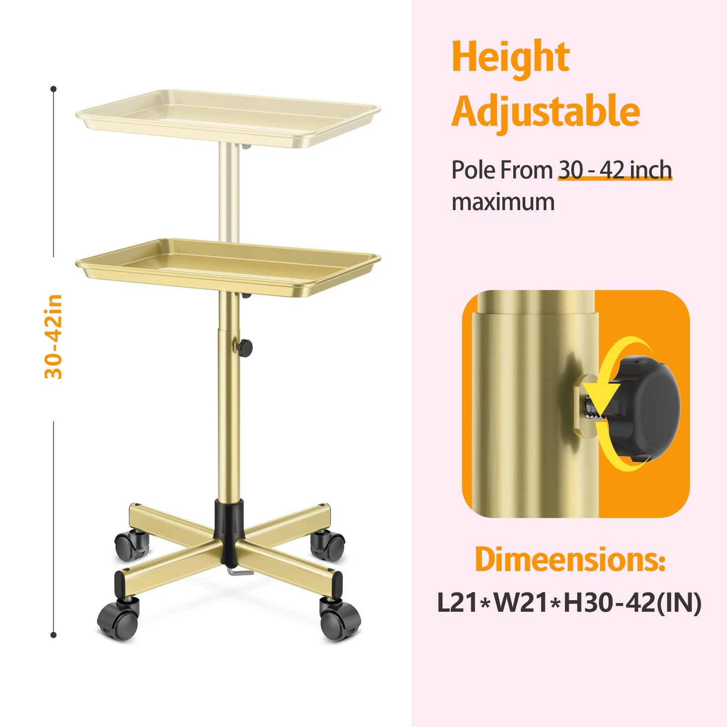 DEER BEAUTY Salon Tray on Wheels - Premium Aluminum Tattoo Tray Rolling Trolley - Adjustable Salon Service Rolling Tray Hairdresser Cart with Clinic Spa Rolling Tray Wheels (Bronze)