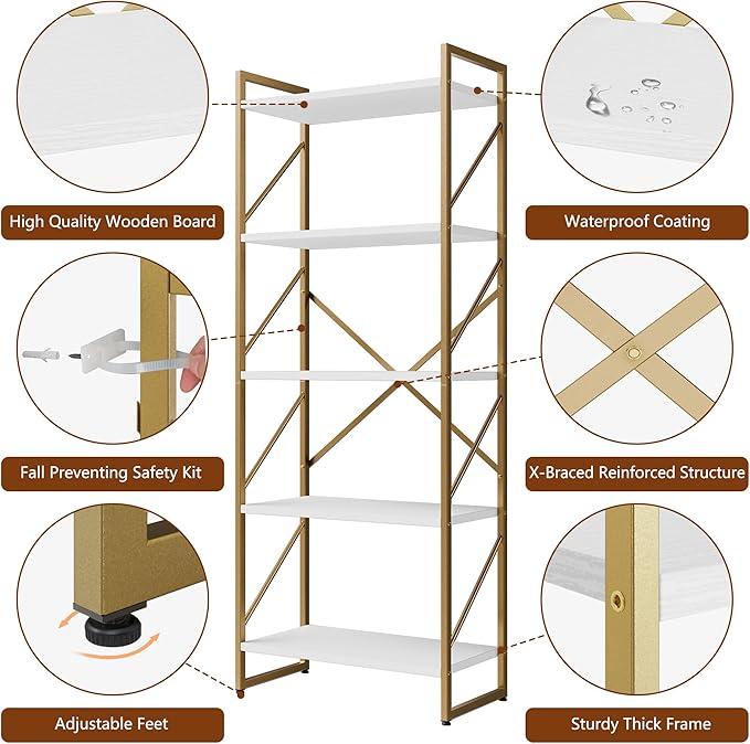 Shintenchi 5 Tiers Bookshelf, Classically Tall Bookcase Shelf, Industrial Book
