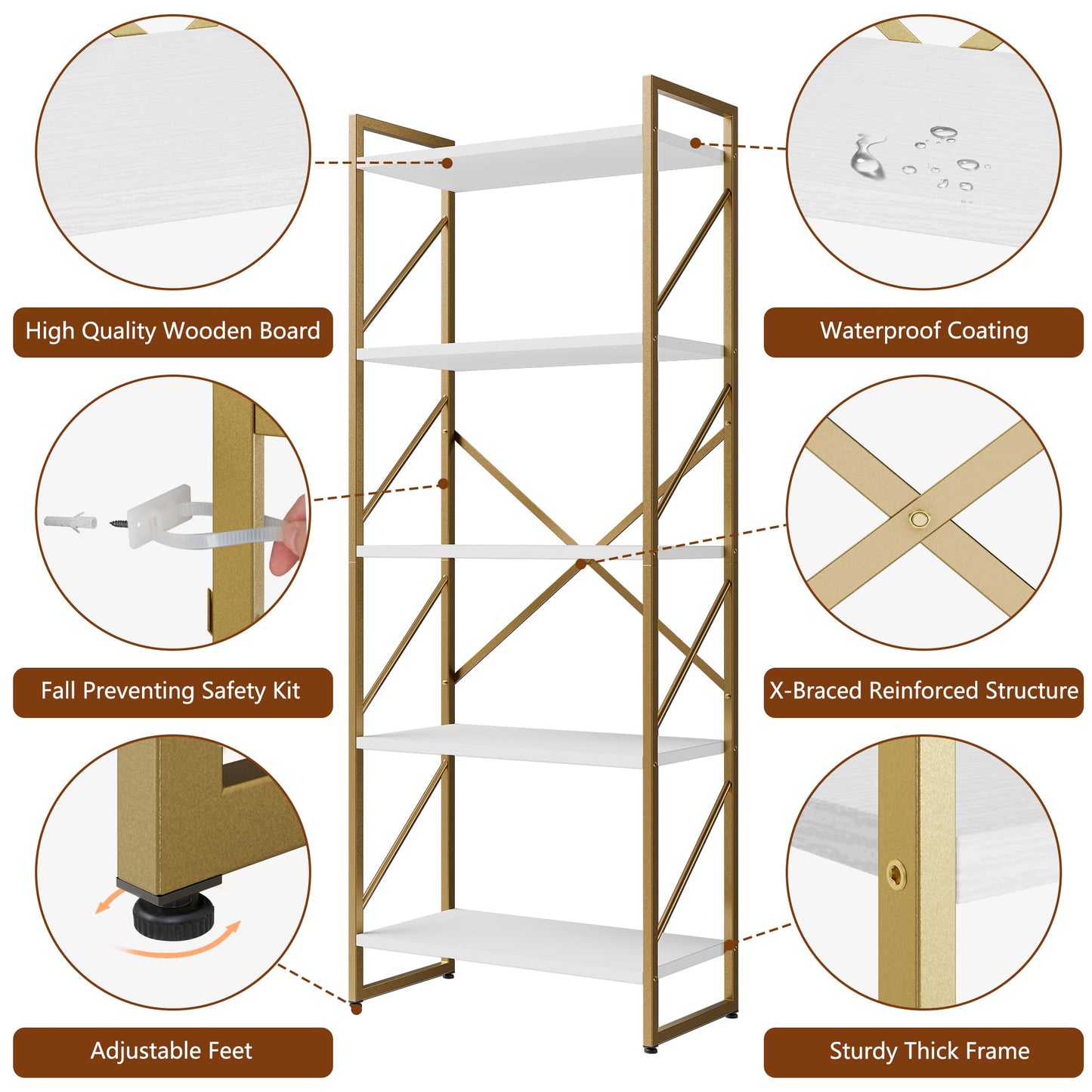 Shintenchi 2 Pieces 5 Tiers Bookshelf, Classically Tall Bookcase Shelf, Industrial Book Rack, Modern Book Holder in Bedroom/Living Room/Home/Office, Storage Rack Shelves for Books/Movies-Gold