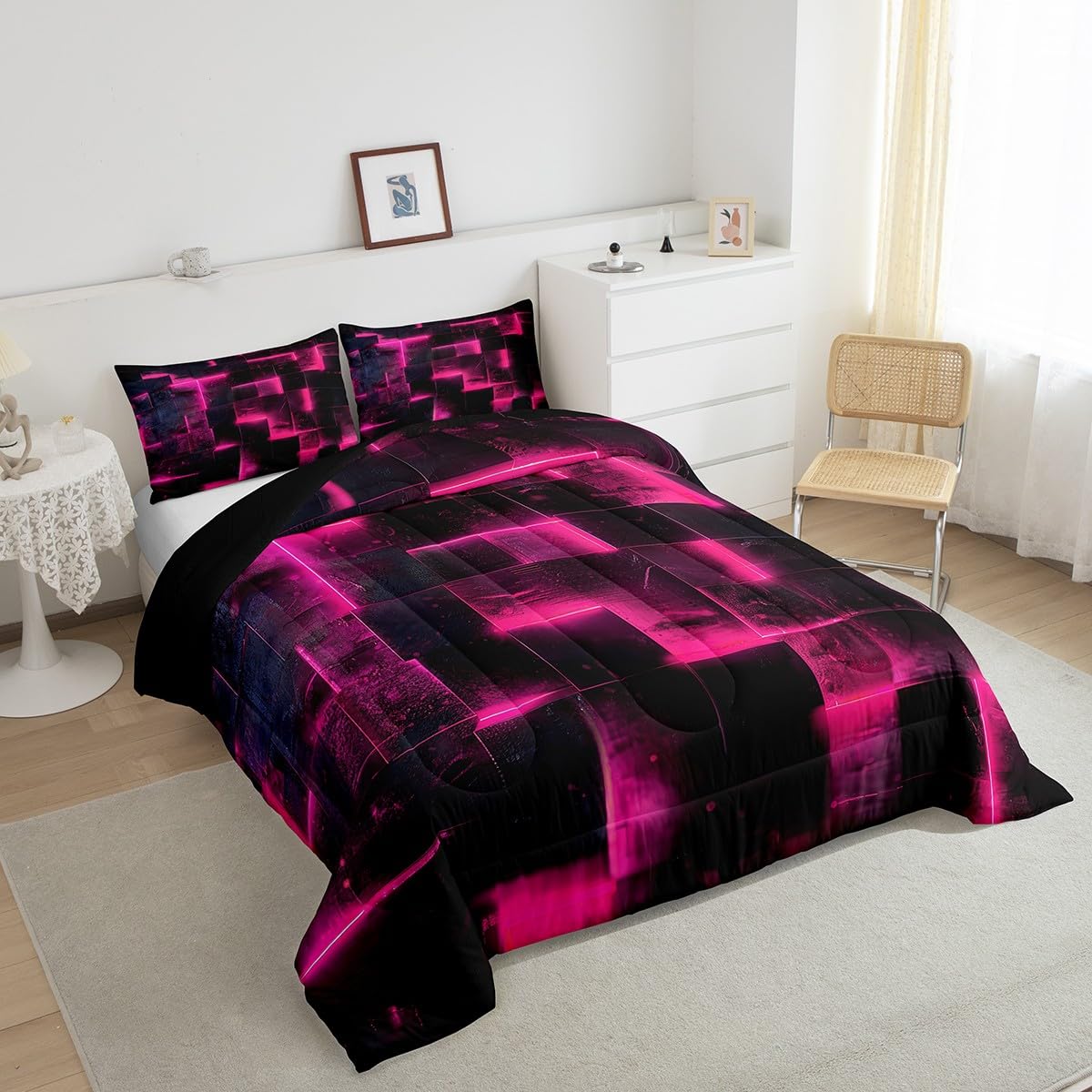 3D Geometric Bedding Set Twin Abstract Aesthetic Twin Comforter, Black and Hot Pink Duvet Insert Glowing Futuristic Cubes Quilt Comforter, Neon Grid Bedding Comforters & Sets 2pcs (Black Reversible)