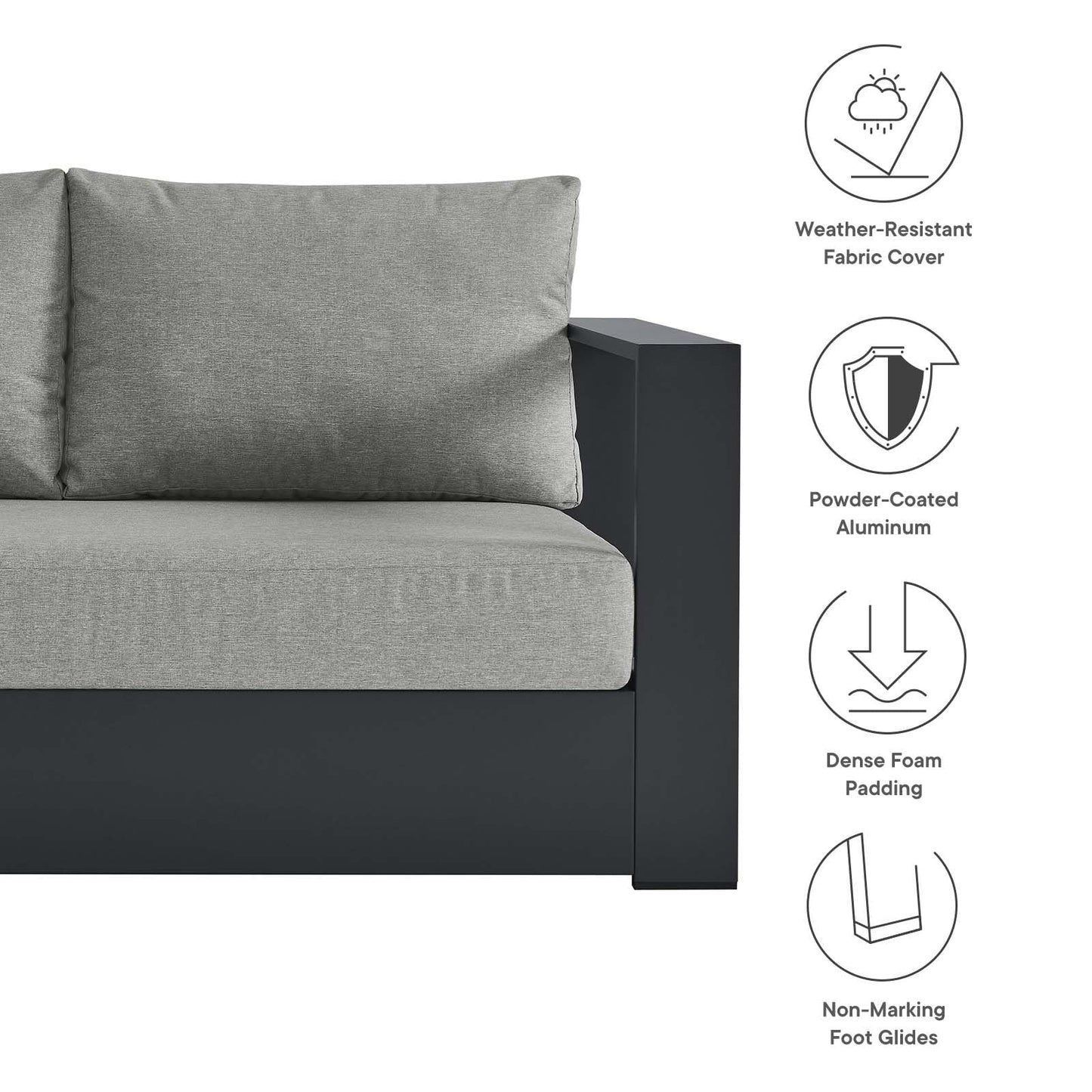 Modway Tahoe Aluminum 3-Piece Outdoor Patio Furniture Gray, Modular Sectional Sofa Set with Weather-Resistant Cushions, Ideal for Deck, Backyard Poolside