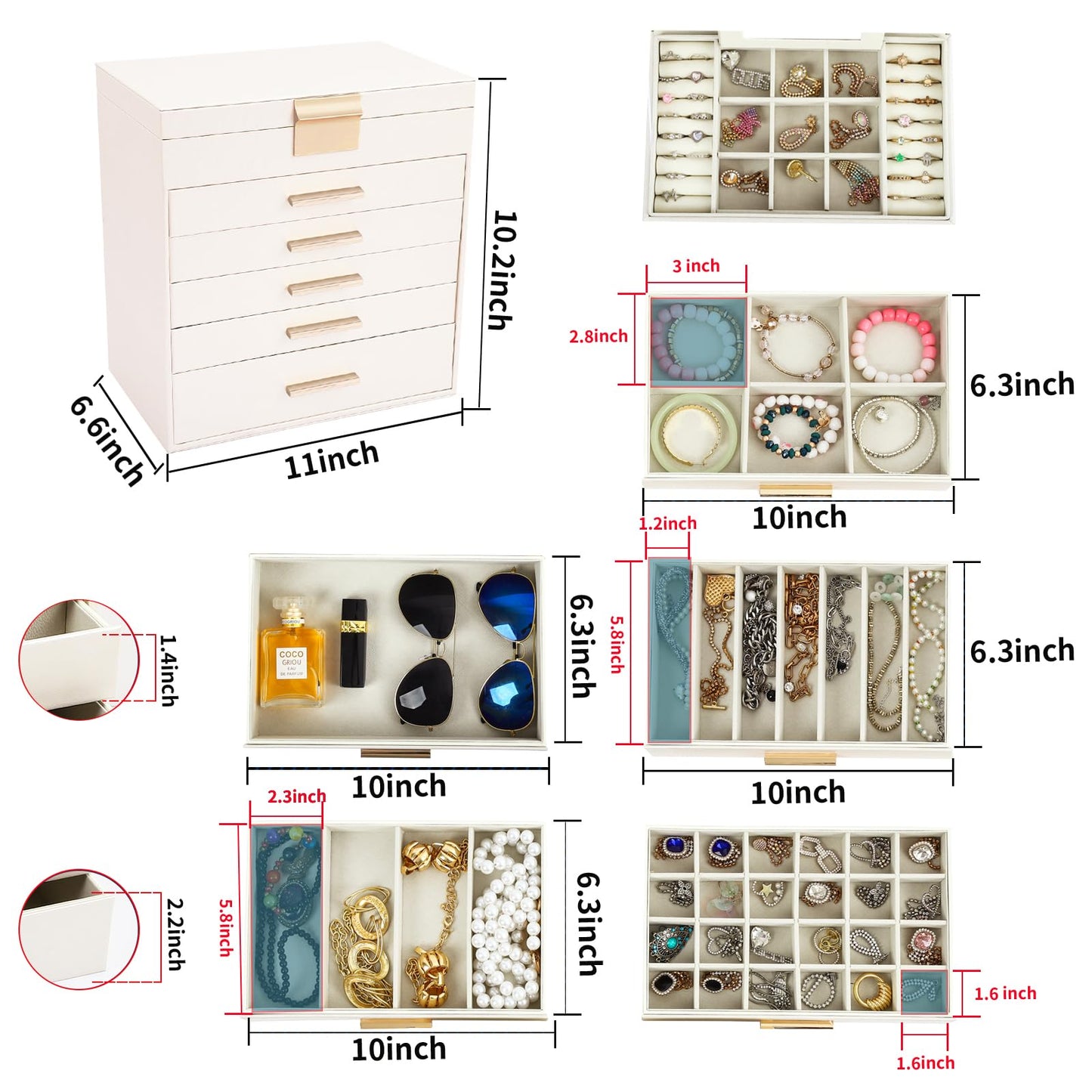 BOOVO Jewelry Boxes for Women, White and Black 6 Layer Large Jewelry Box for Necklace, Bracelet, Earrings, Rings Storage, Jewelry holder Organizer for Girls Gift (Champagne, 6 layer)