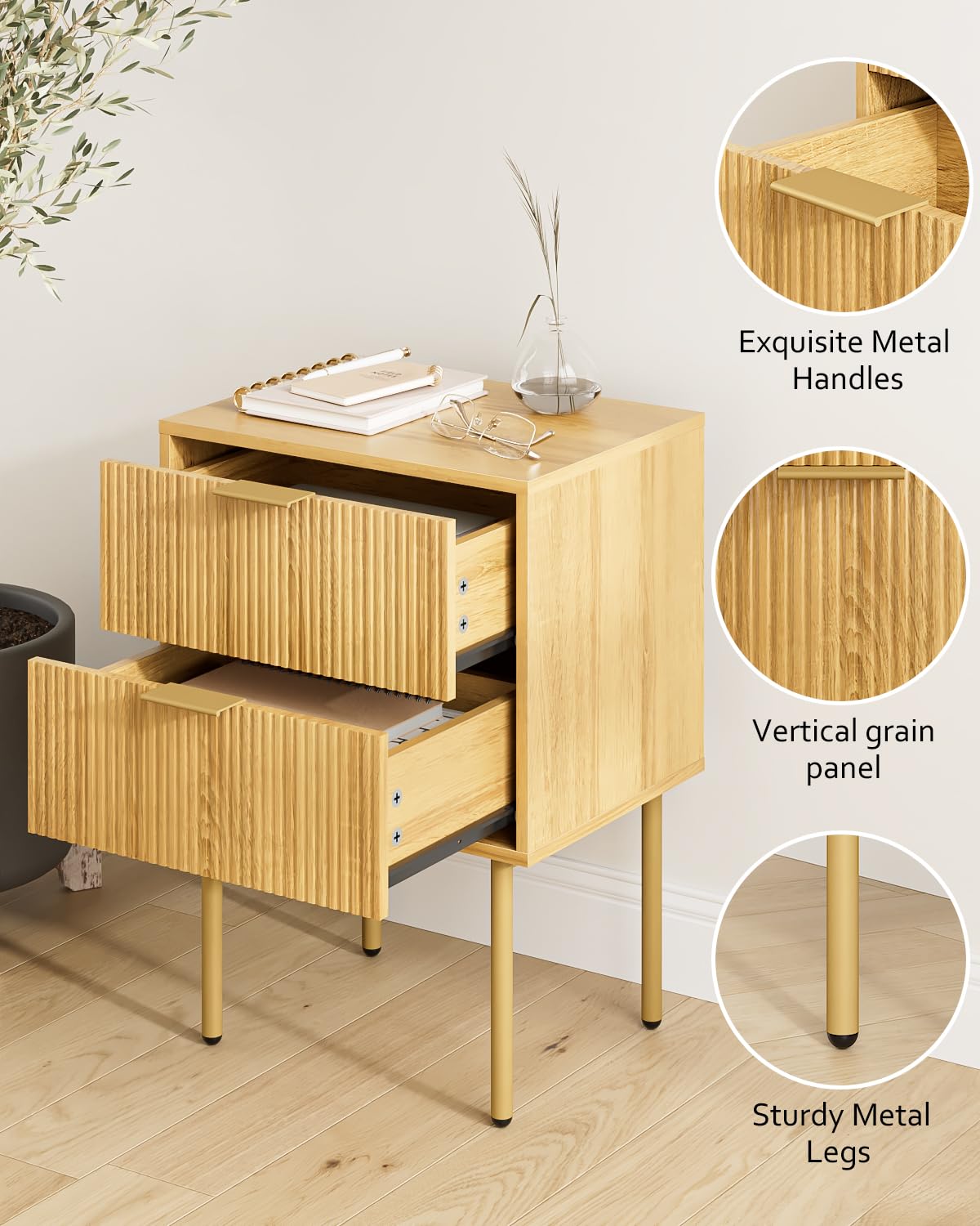 Masupu Night Stand,Mid-Century Modern Bedside Table with 2 Storage Drawer,Small Gold Frame Side End Table for Bedroom,Living Room, Natural