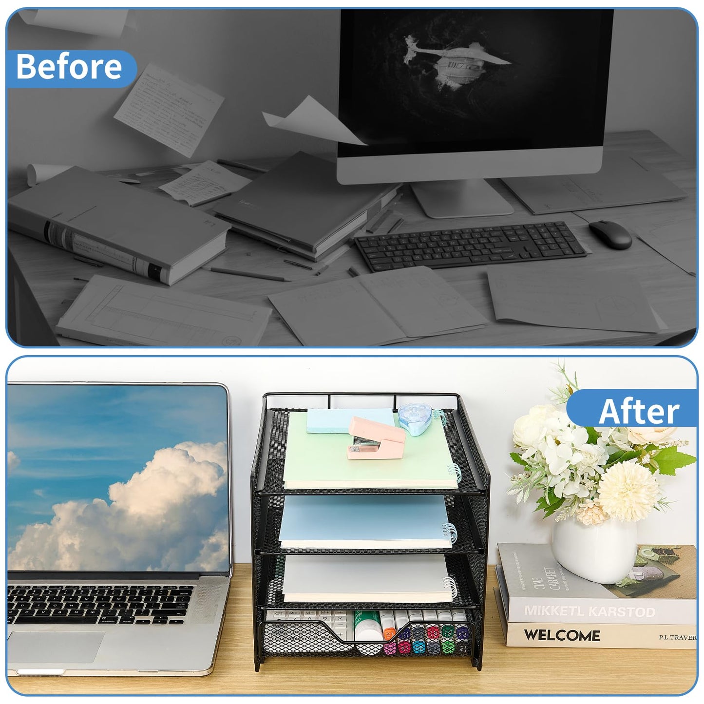 OPNICE Desk Organizers and Accessories, 4-Tier Desktop File Organizer with Drawer, Office Desk Accessories & Workspace Organizers for Office, Home Supplies(Black)