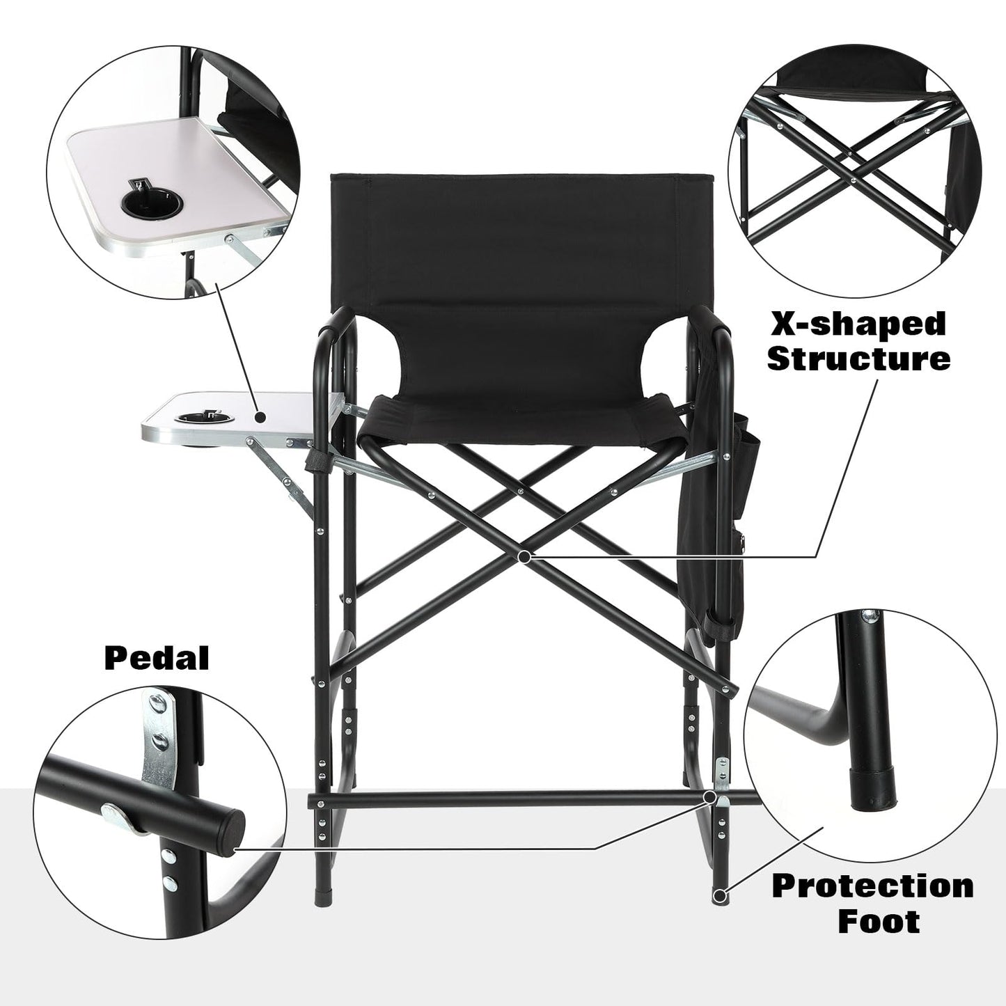 GDGYOFN Aluminum Tall Directors Chairs Foldable, 41'' Makeup Chair for Makeup Artist with Side Table Cup Holder Storage Bag and Footrest, Weighs Only 8.8lb, 250lbs Capacity