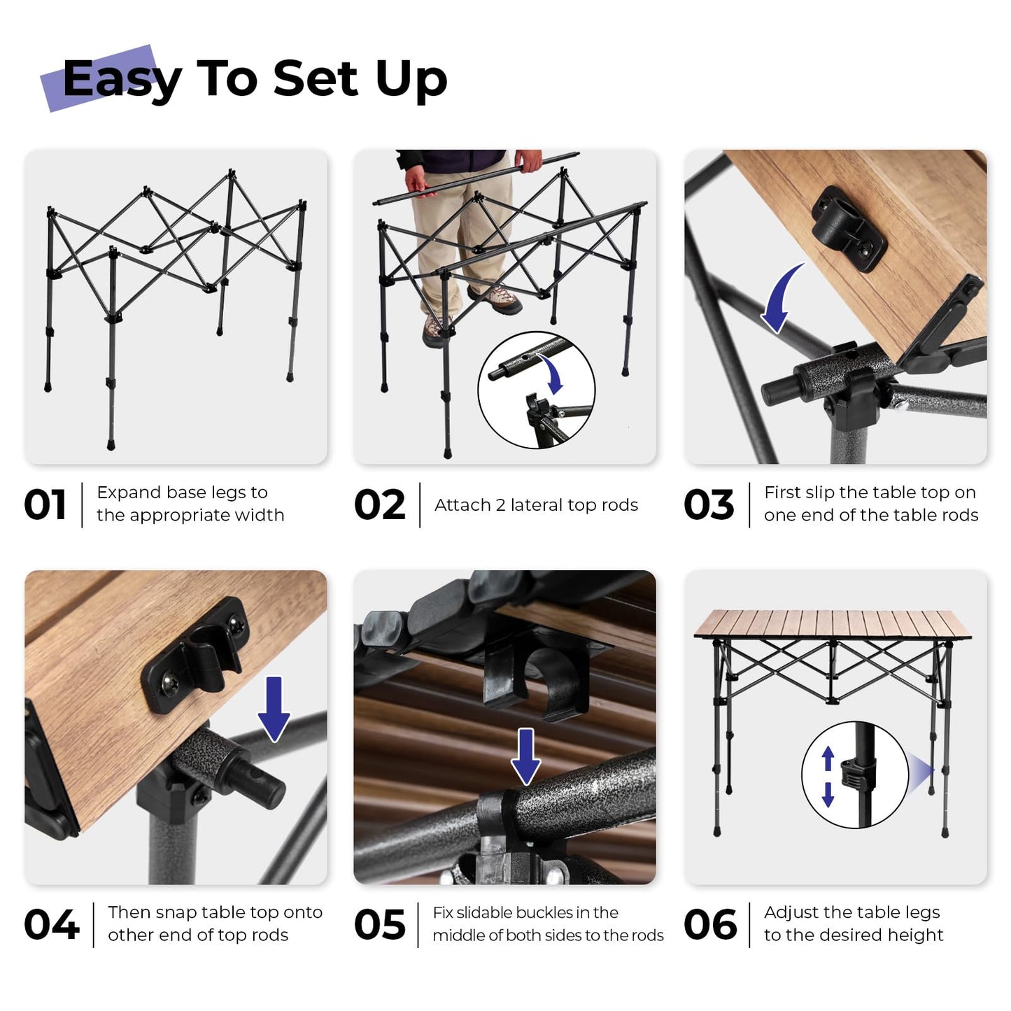 Byliable Camping Table Folding Portable Camp Aluminum Fold Up Lightweight Roll Up Table Adjustable Height with Carry Bag Indoor Outdoor for Camping, Picnic, Backyard, BBQ, Patio, Wood Grain