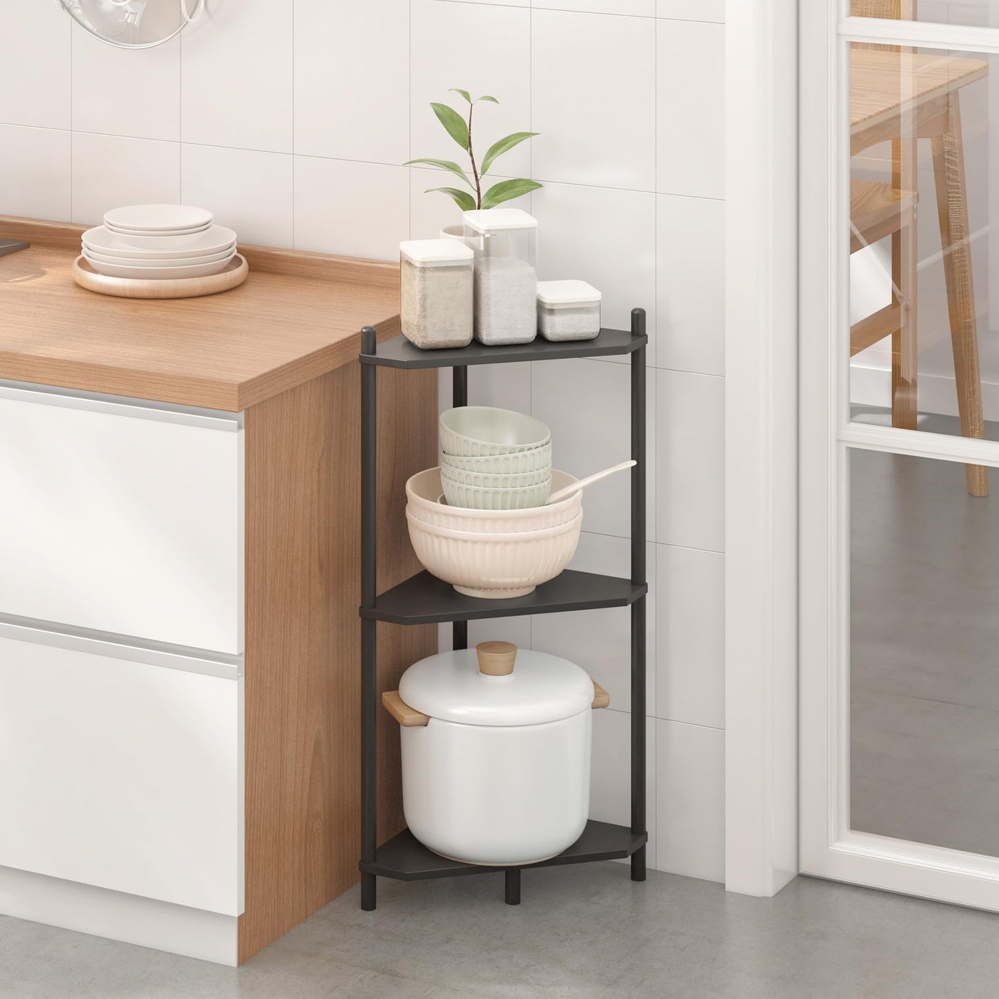 Wisuce Corner Shelf Stand - 3 Tier Bamboo Small Corner Bookshelf for Office Kitchen Bedroom Plant Stand Living Room Decor Small Space (Black)