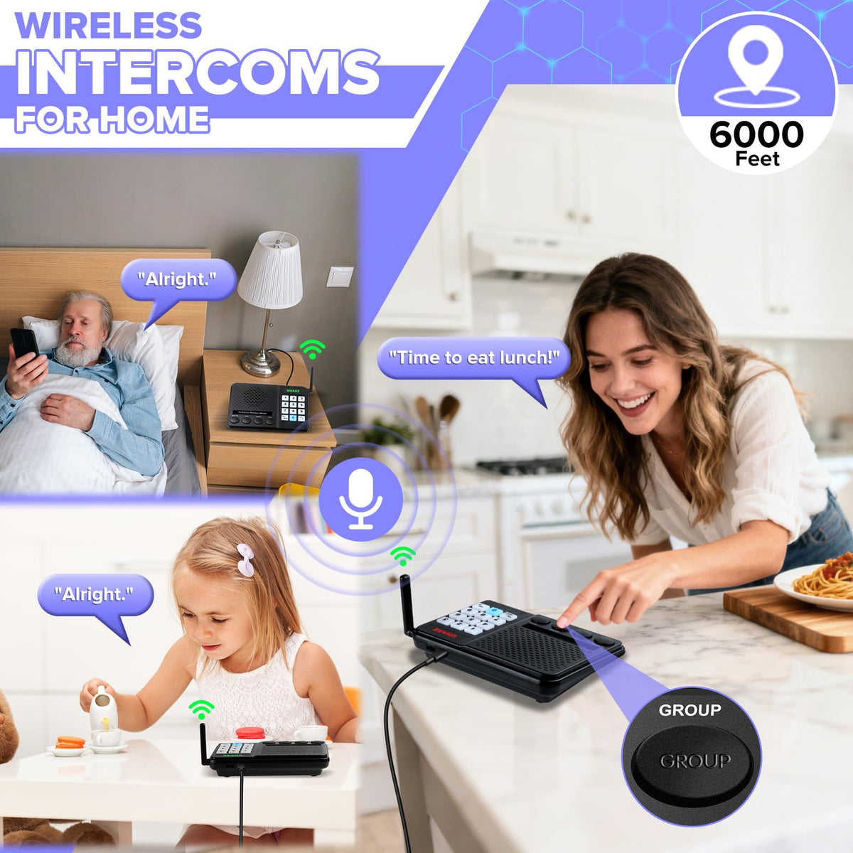 UHAXZ Intercoms Wireless for Home, Long Range Intercom 6000ft, Home Intercom System Wireless with Group Call, 10 Channel, 8 Volume Levels Intercom System for Busines Office Elderly(4 Packs)