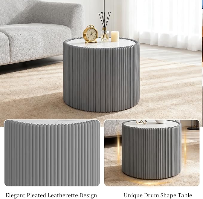 SSLine Round Drum Coffee Table Modern Sintered Stone Top Side End Table in Grey