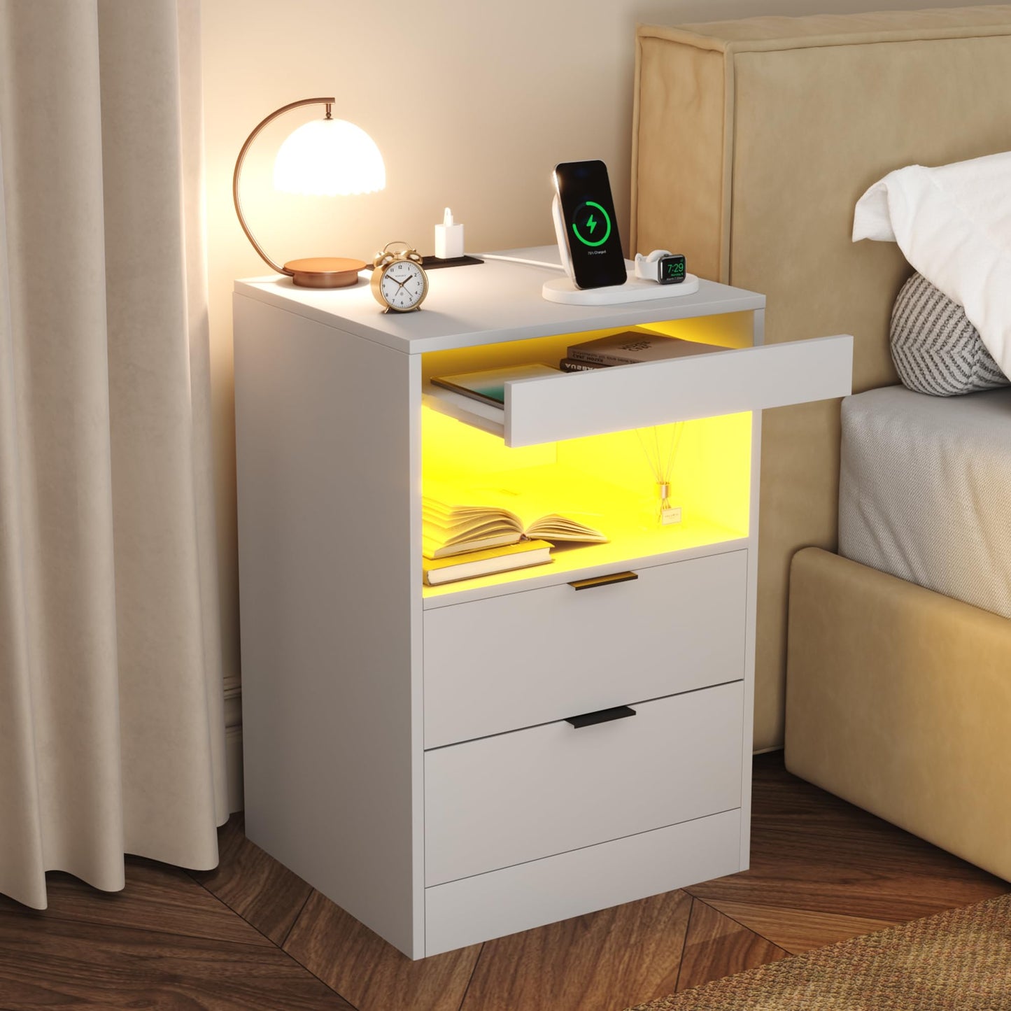 Gadroad LED Nightstand with Charging Station, Bedside Table with USB Ports & Power Outlets, Modern Night Stand with Drawers for Bedroom Small Spaces, White