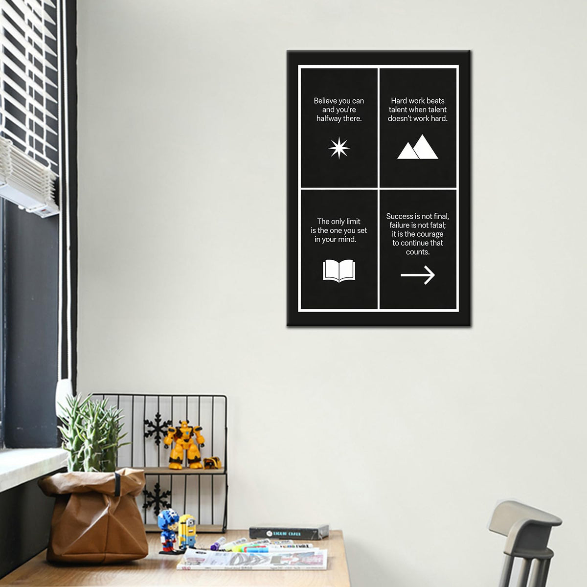 Motivational Wall Art Believe Hard Work Success Quote Inspirational Office Decor for Cubicle Small Framed Canvas Print 18x12 Inch Daily Positive Affirmations Artwork for Study Room