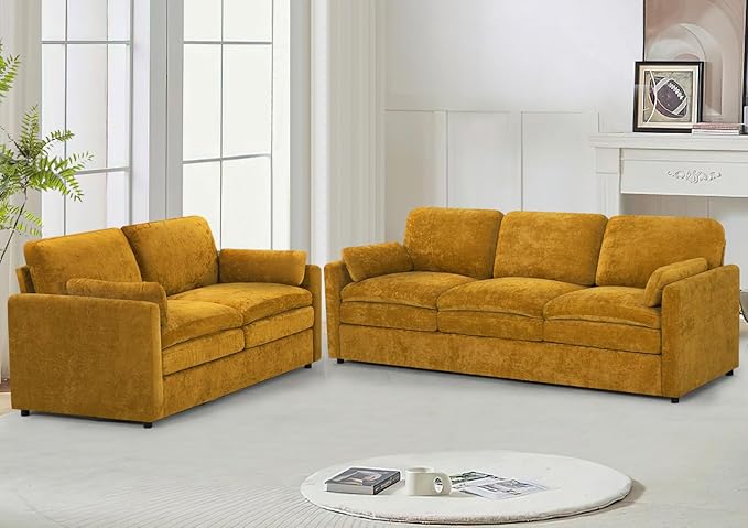 Comfy Chenille Sofa Set with Well-Filled Pillows, Modern 3 Seater and Loveseat