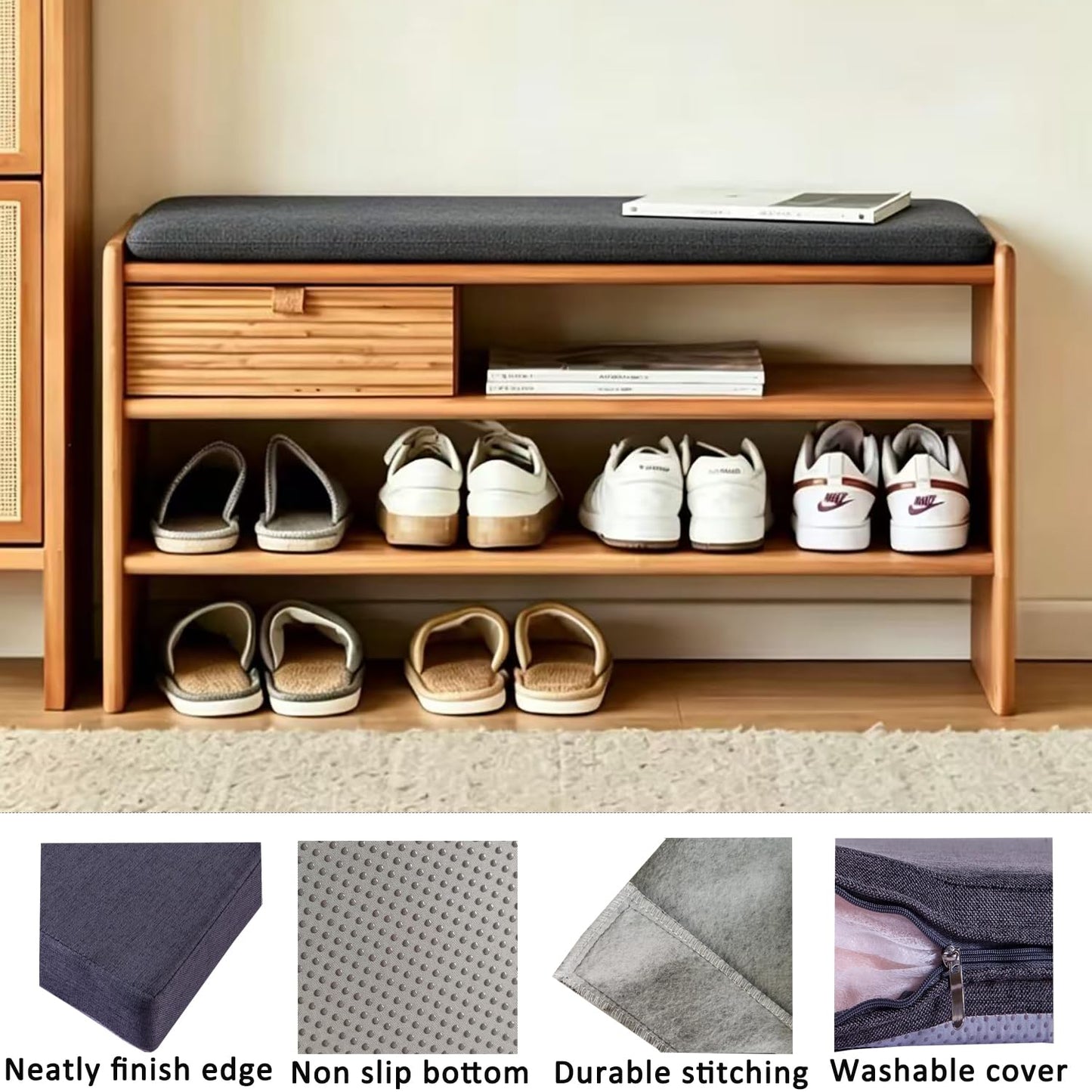 Saula 48x 12 Inch Piano Bench Cushions for Indoor Furniture with Ties Non Slip Kitchen Dining Room Bench seat Cushion for Shoe Storage Ottoman Window Settee Pad, Gray