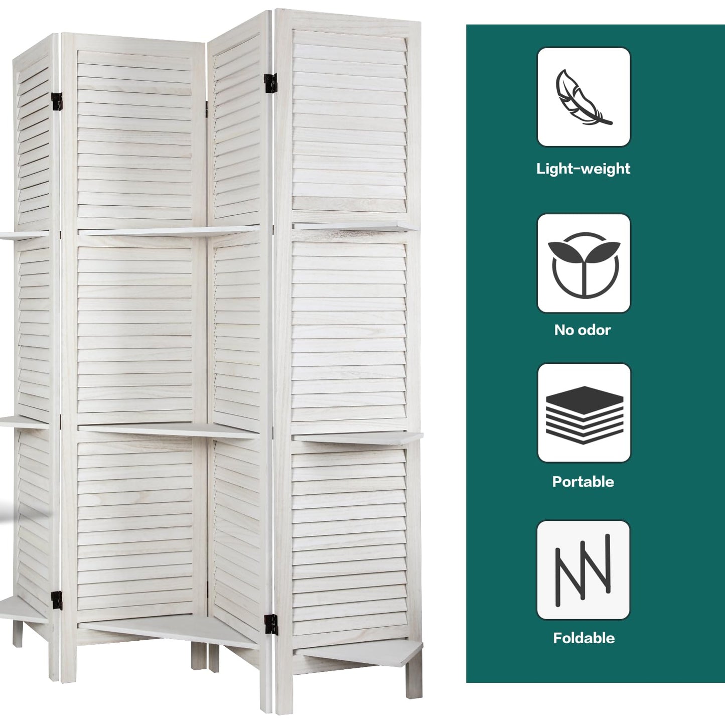 ECOMEX Room Divider with Shelves, 4 Panel White Room Divider, Room Dividers and Folding Privacy Screens, Portable Wooden Room Dividers and Partitions for Bedroom, Home Office, Studio (Warm White)