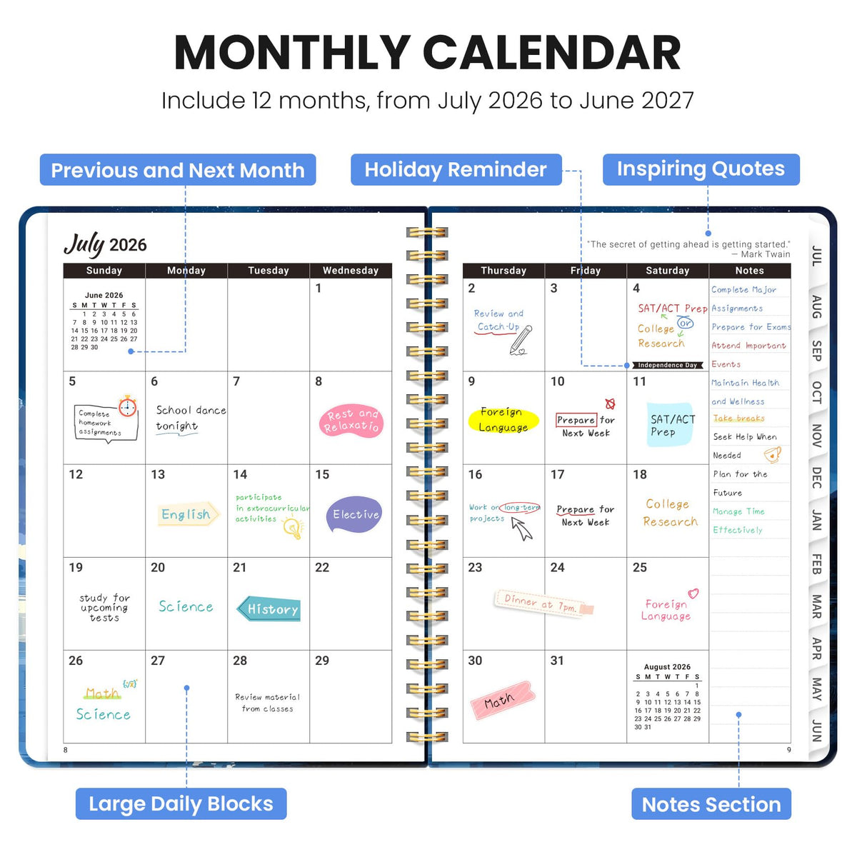 Academic Planner 2026-2027, Monthly and Weekly Calendar Planner, July 2026 - June 2027, Pretty Hardcover Teacher Student Planning Agenda Book with Tabs, Fit for School Office Supplies, 6.3" x 8.5", Harbor Starlight