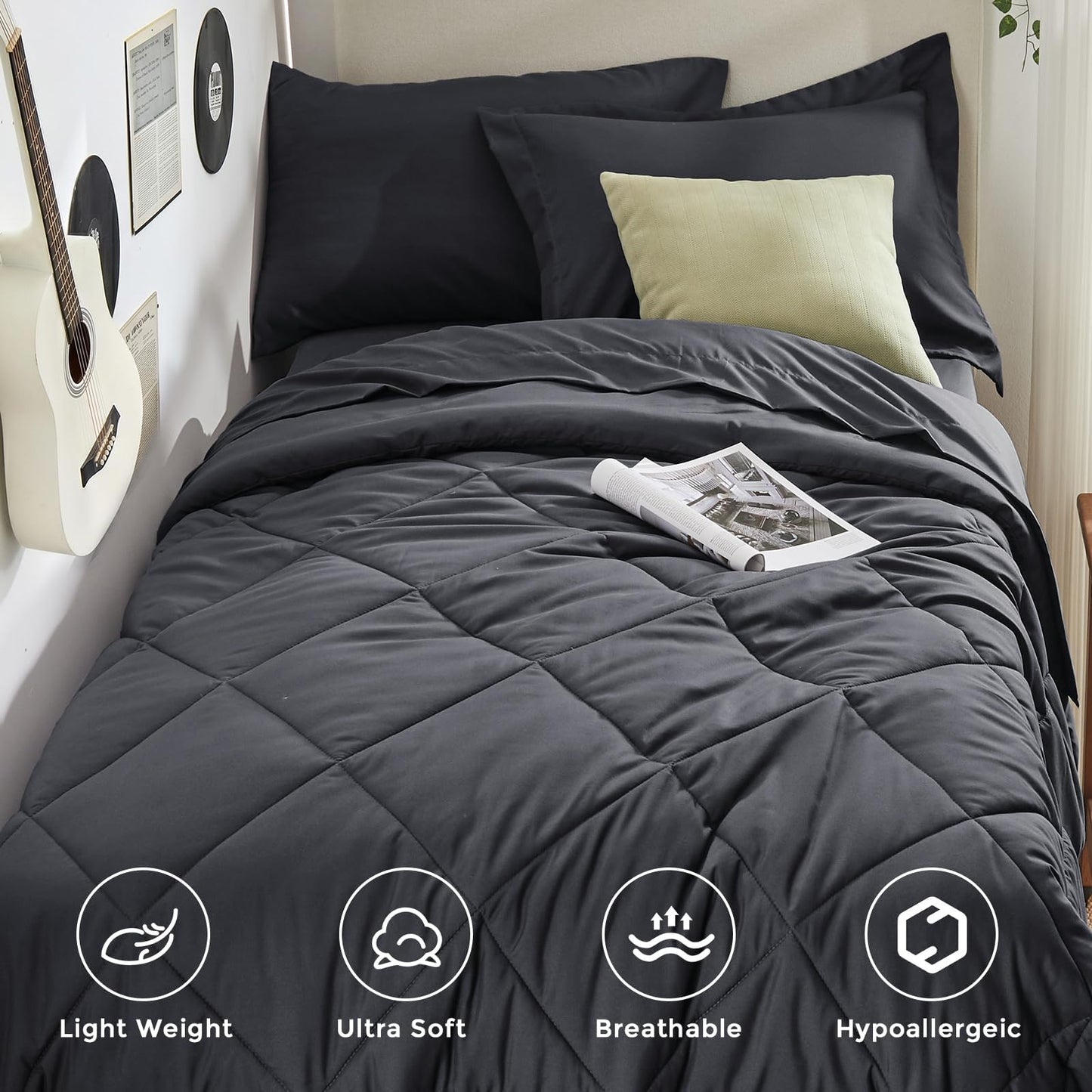 HEVUMYI Twin Comforter Set - 5-Piece All Season Bed in a Bag Twin, Ultra Soft Bedding Set with Comforter, Flat Sheet, Fitted Sheet, Pillowcases, Pillow Shams, Dark Grey