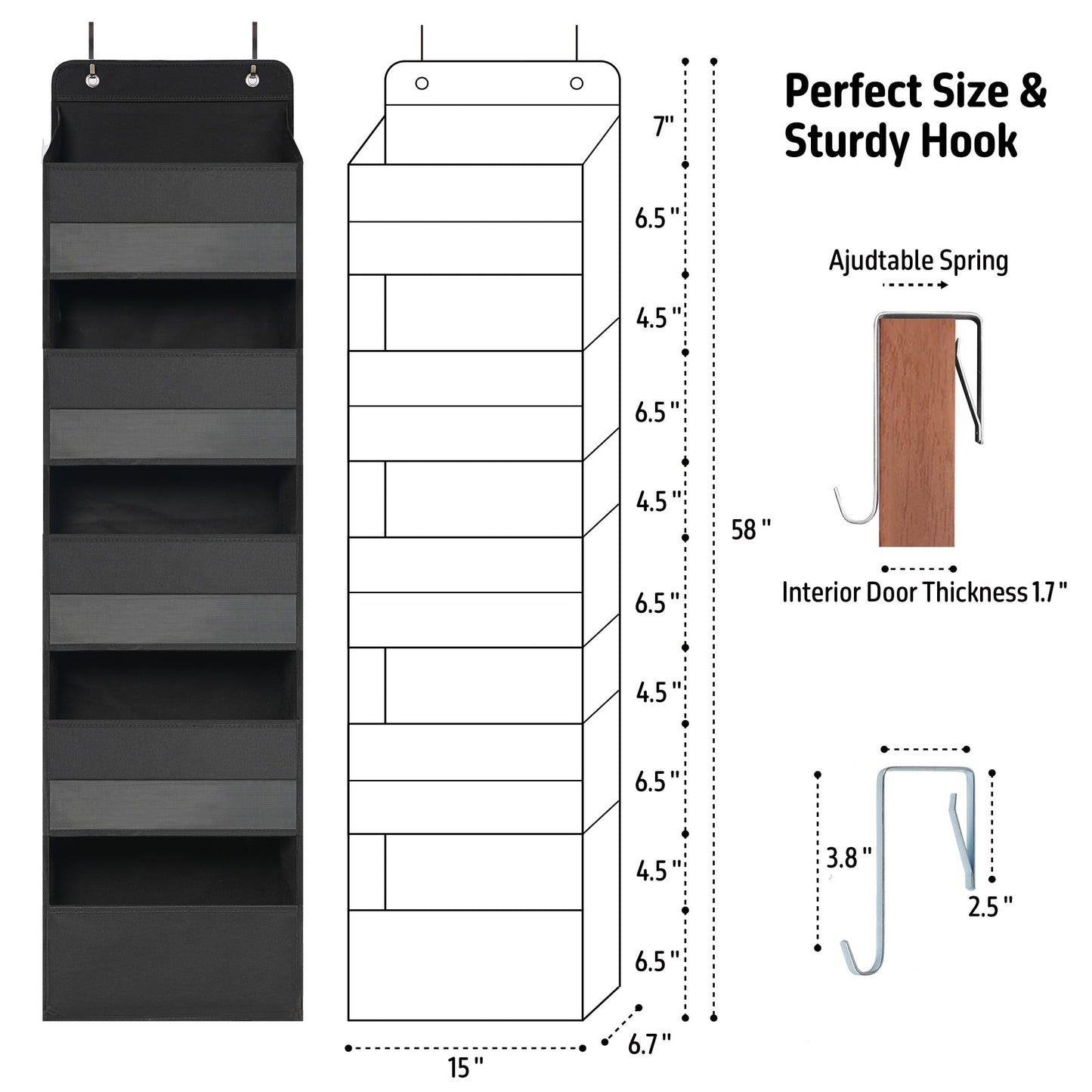 TYMENSH Black Over Door Organizer with 5 Large Clear Pockets and 6 Side Mesh Pockets, Anti-Tilt Hanging Door Storage for Closet, Bathroom, Nursery, Bedroom, Dorm, Toys, Cosmetics