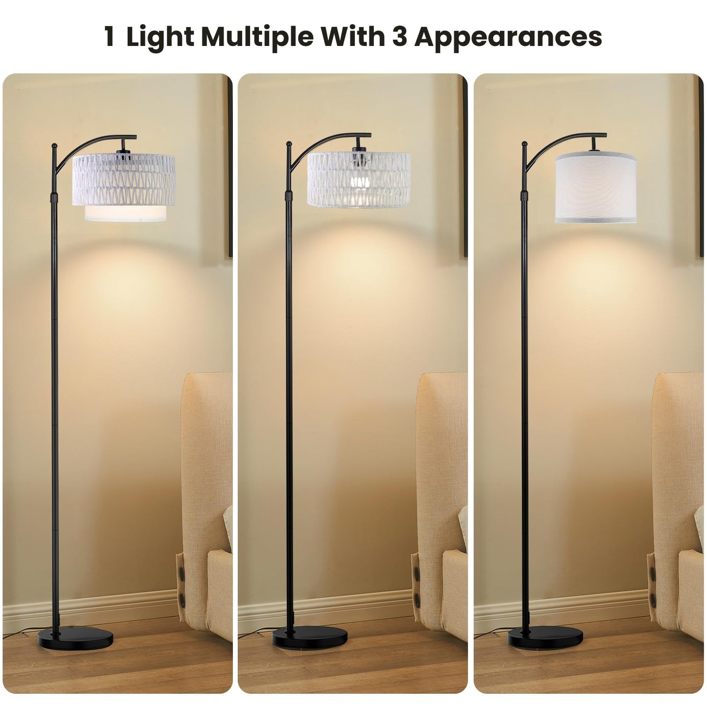 Yusist Arc Floor Lamp for Living Room,Farmhouse Floor Lamps with Remote Control & Dimmable Bulb,White Rattan Boho Tall Standing Lamp for Bedroom Office
