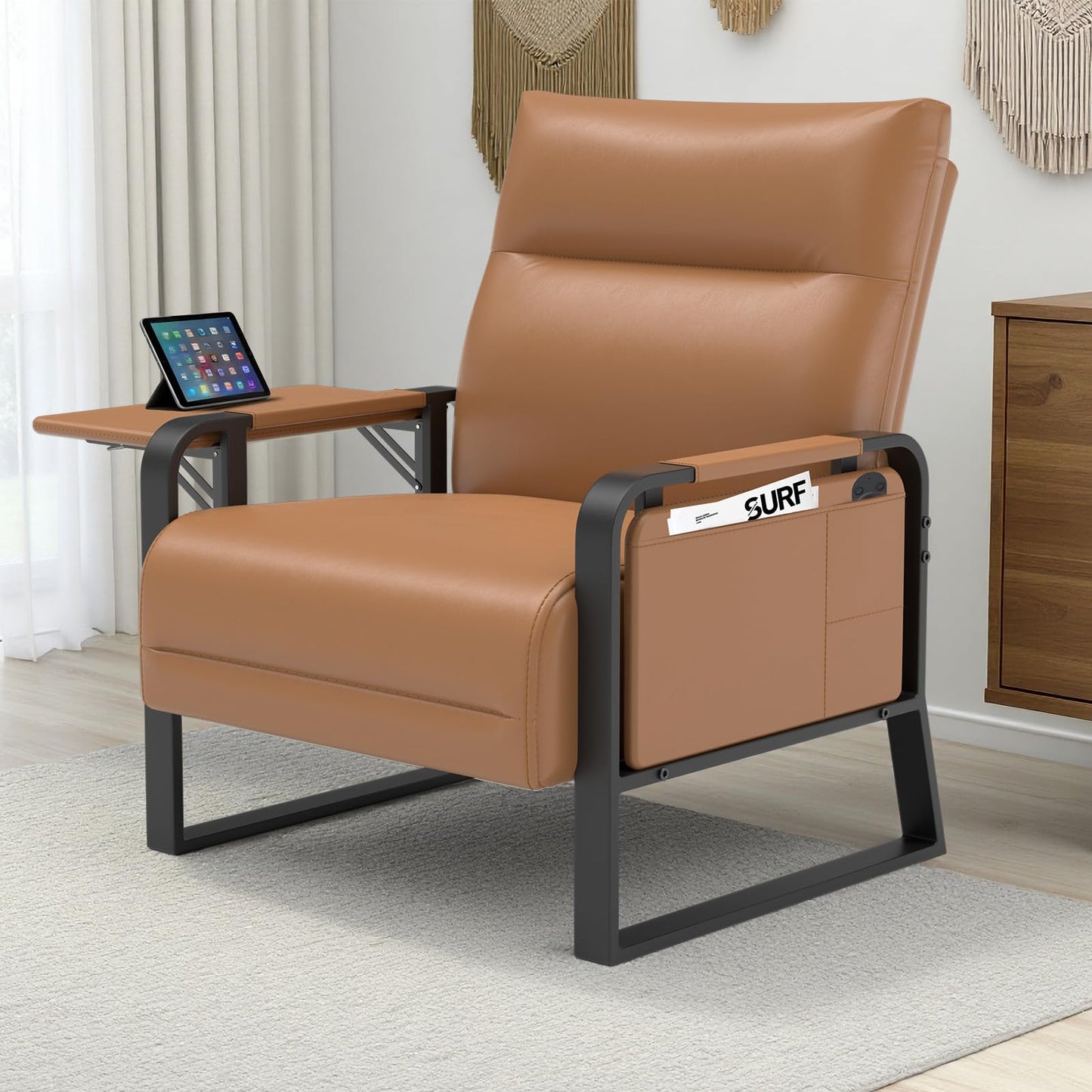 Tbillionnext Upholstered Accent Chair, Modern Faux Leather Sofa Chair with Foldable Side Tray Table & Storage Pocket, Small Accent Sofa for Living Room, Bedroom, Reception Room, Brown