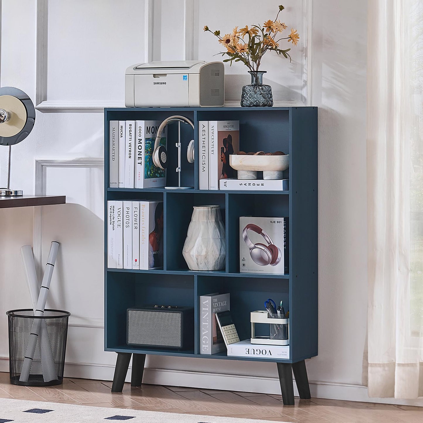 LEYAOYAO Cube Bookshelf 3 Tier Mid-Century Rustic Dark Blue Modern Bookcase with Legs,Retro Wood Bookshelves Storage Organizer Shelf,Freestanding Open Book Shelves for Bedroom,Living Room,Office