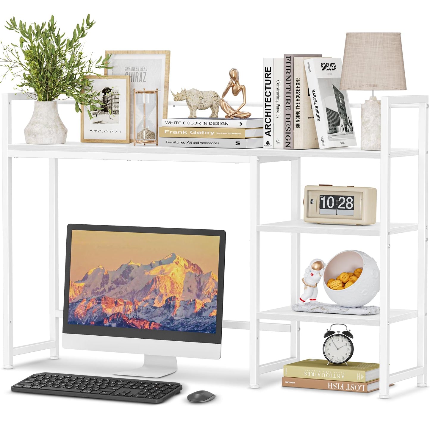 Snughome Desk Shelf, 44.9" Large Desktop Organizer Shelf, Desk Hutch for Monitor, 4 Tier Display Rack, Wooden Desktop Bookshelf Storage Rack for Home Office Dorm