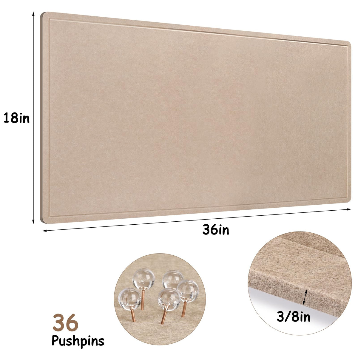 Foldable Bulletin Felt Board, 36x18 Inches Cork Board Alternative, Large Felt Board Decorative Pin Board for Wall, Foldable Photo Board Self-Adhesive Vision Board with 36 Pushpins Khaki