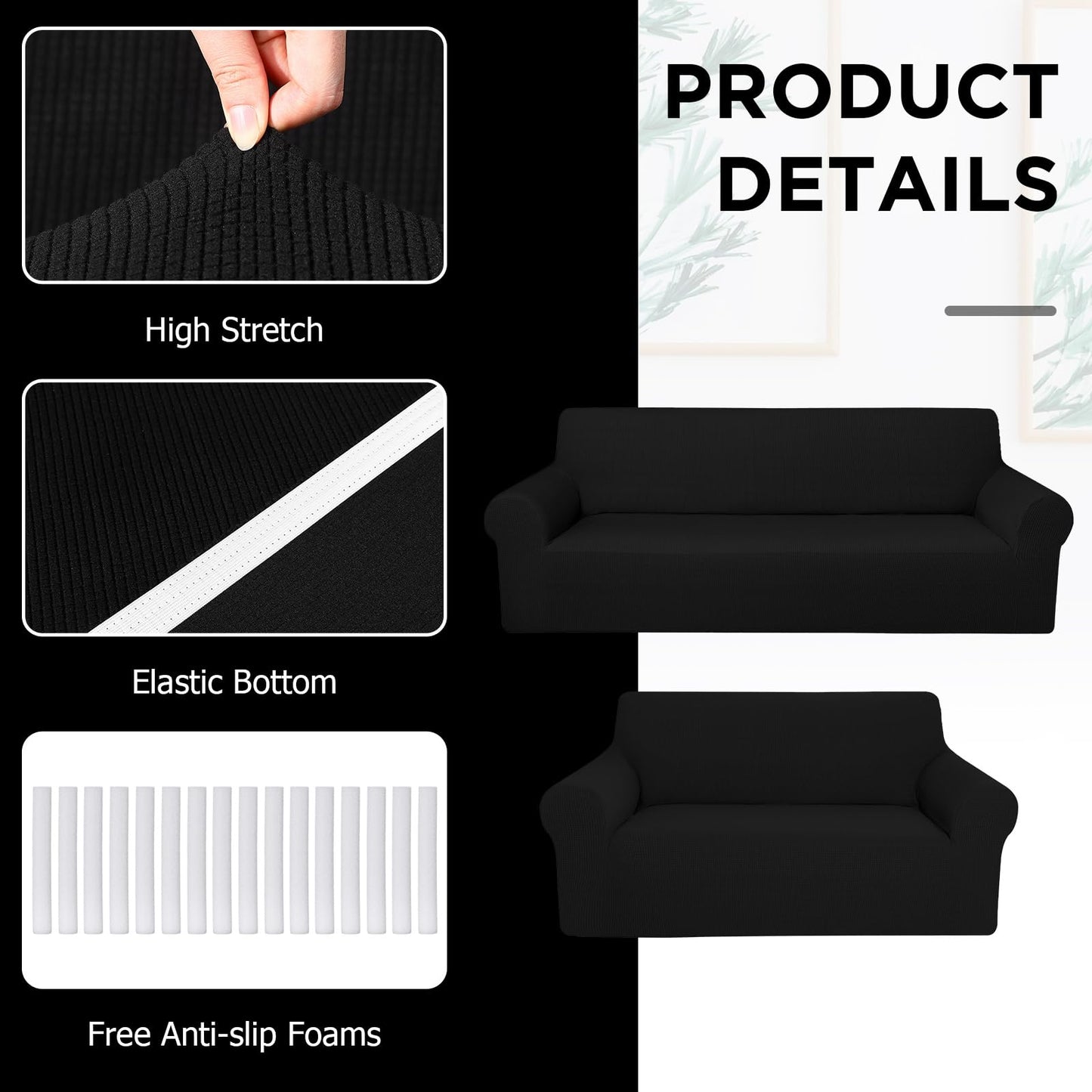 Peryiter 2 Pcs Sofa Covers Couch and Loveseat Covers Set Stretch Sofa Slipcover for Living Room Armchair Furniture Protector, Wrinkle Proof(Black,Jacquard)