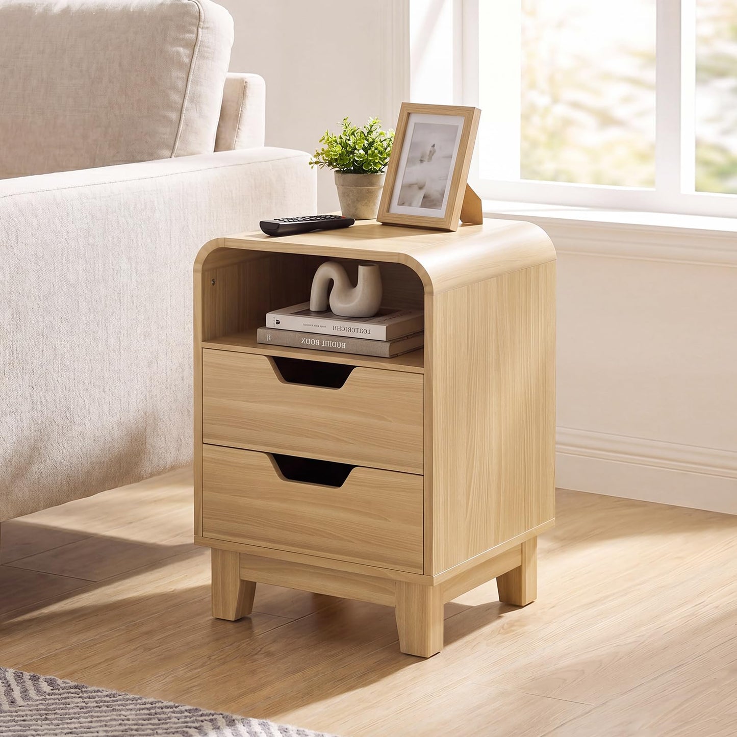 Nightstand with Charging Station, Modern Night Stand with LED Light, 15.7" Wide Wood Bed Side Table Bedroom, Small Bedside Table, Curved End Table with 2 Drawers| Natural Wood, 1 Pack