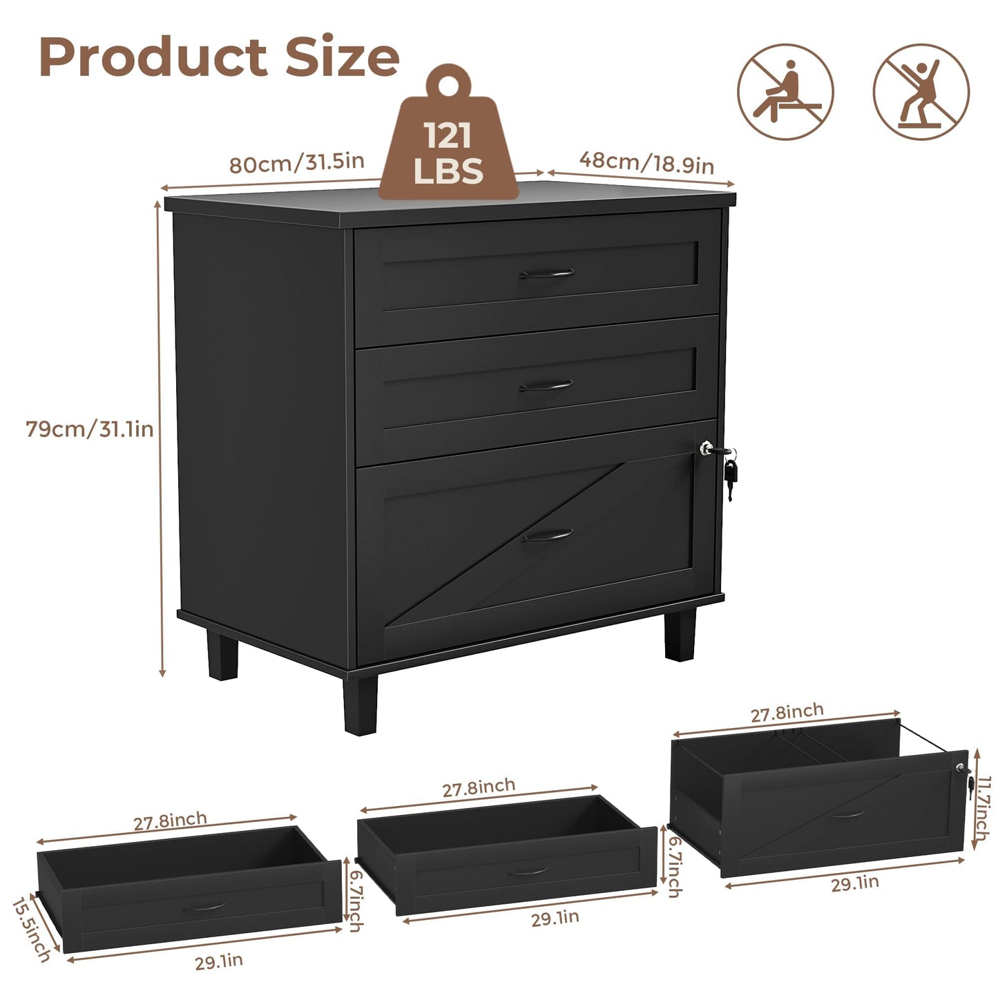 Quikraen Large Wooden File Cabinet Black 32in Lateral Filing Cabinets 3 Drawer with Hanging File Folders for A4 Letter Legal Wood Office Storage Organizer Furniture Printer Stand