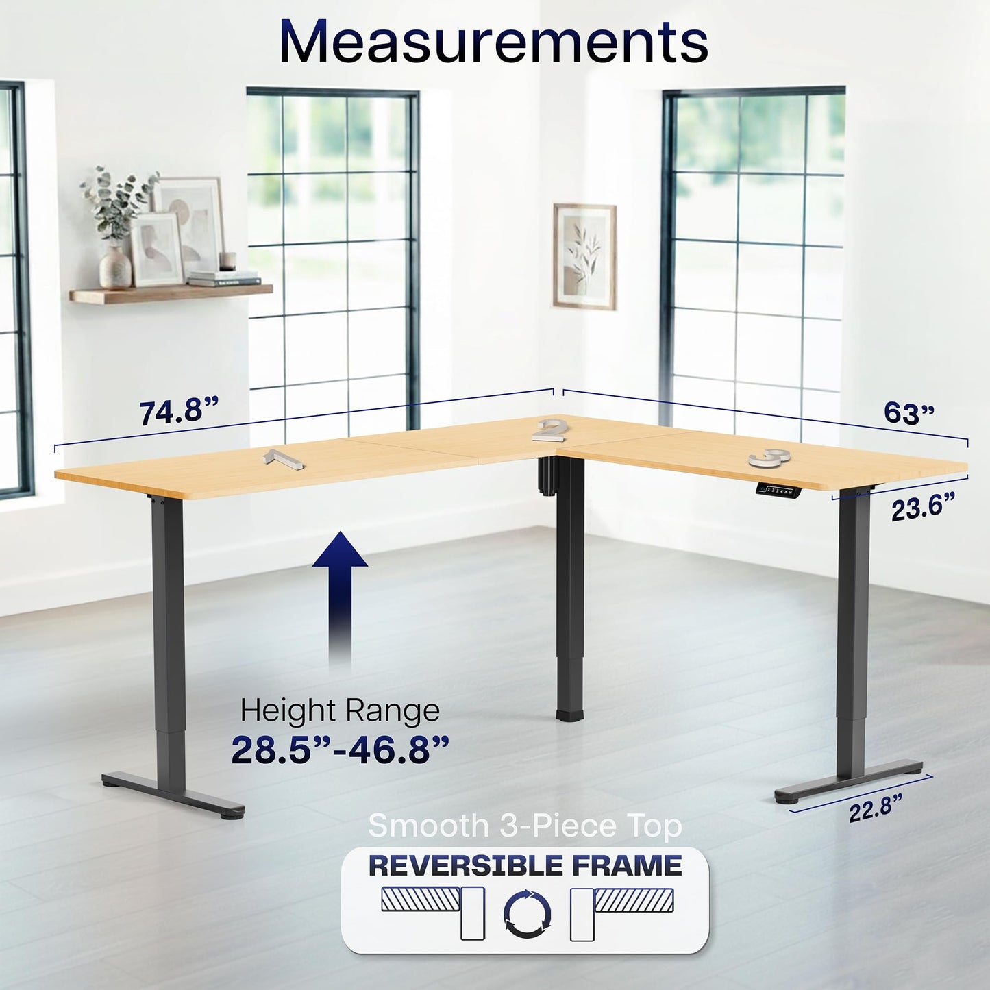 VIVO Corner Standing Desk, 75 x 63 inch Reversible L-Shaped Workstation, Electric Height Adjustment, Home, Office, and Reception Rooms, Real Bamboo Table Top Black Frame, DESK-E3CTBO-75