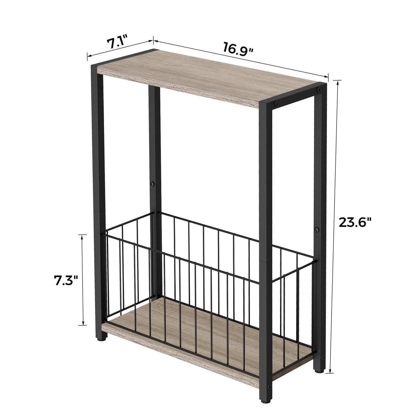 Homleke Narrow Side Table with Magazine Holder, Skinny End Table Perfect for Small Spaces, Space-Saving Design for Living Room, Bedroom, or Office, 7.1" D x 16.9" W x 23.6" H, Greige
