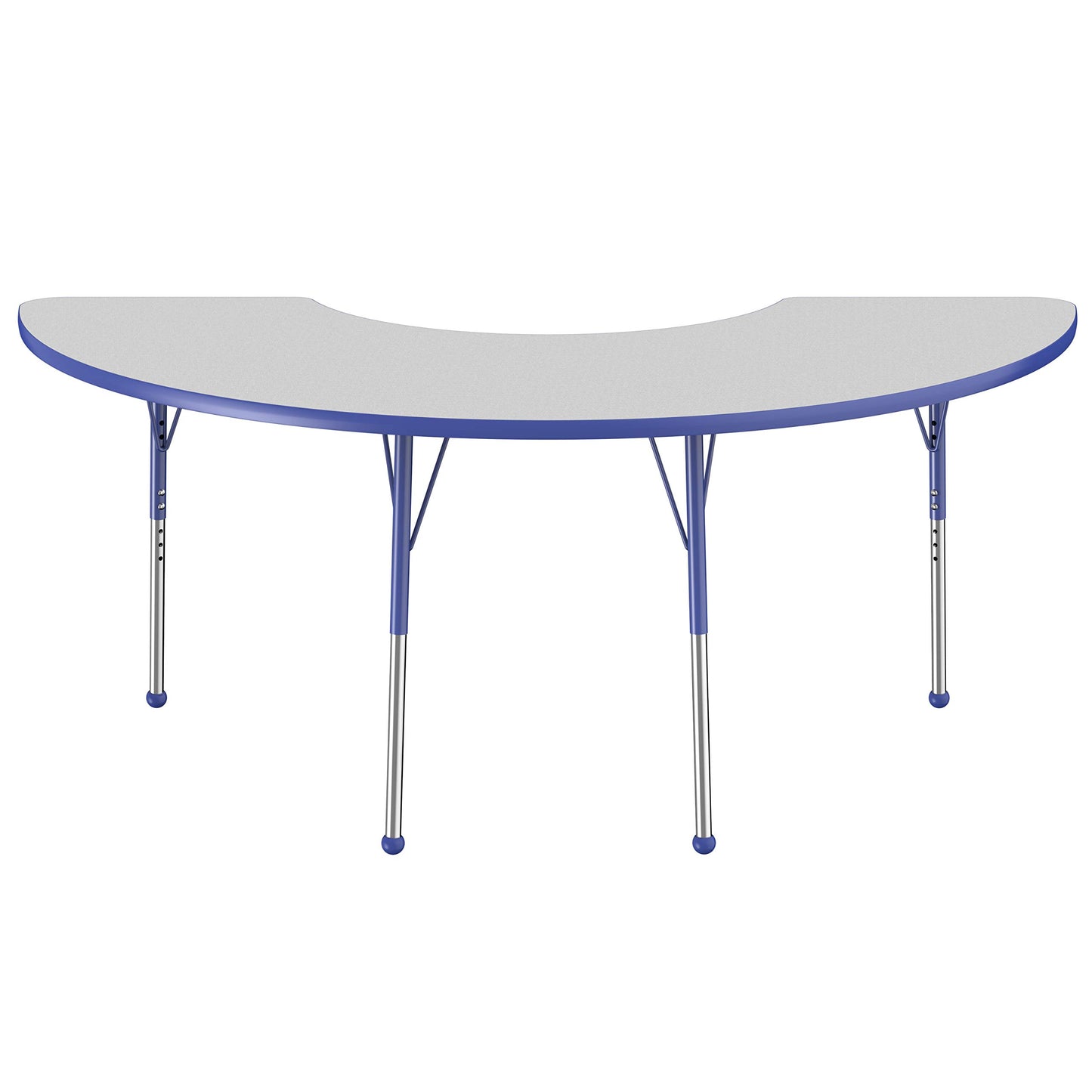 FDP Half Moon Activity School and Office Table (36 x 72 inch), Standard Legs with Ball Glides for Collaborative Seating Environments, Adjustable Height 19-30 inches - Gray Top and Blue Edge