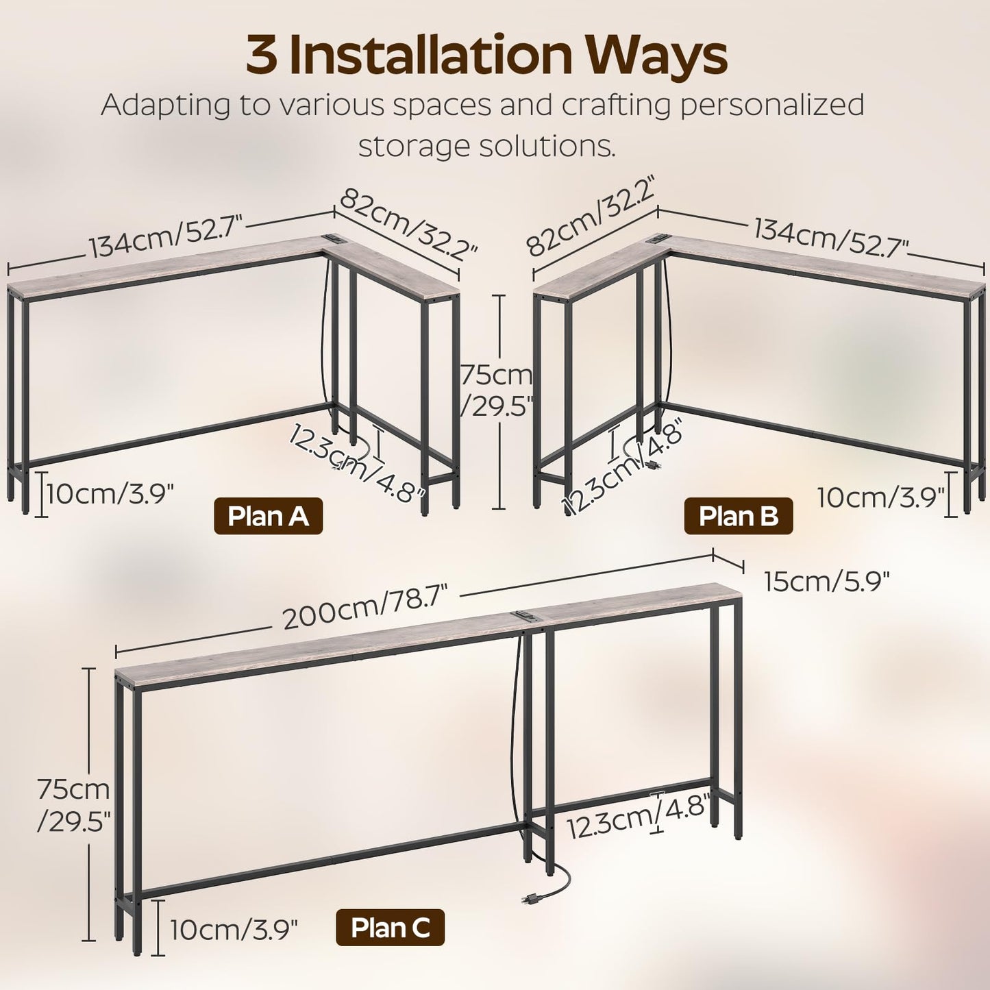 YATINEY Narrow Console Table with Outlets, 78.7" Sofa Table Narrow Long, L Shaped Behind Couch Entryway Table with Charging Station, for Living Room, Hallway, 3 Assembly Options, Greige CT17UBG