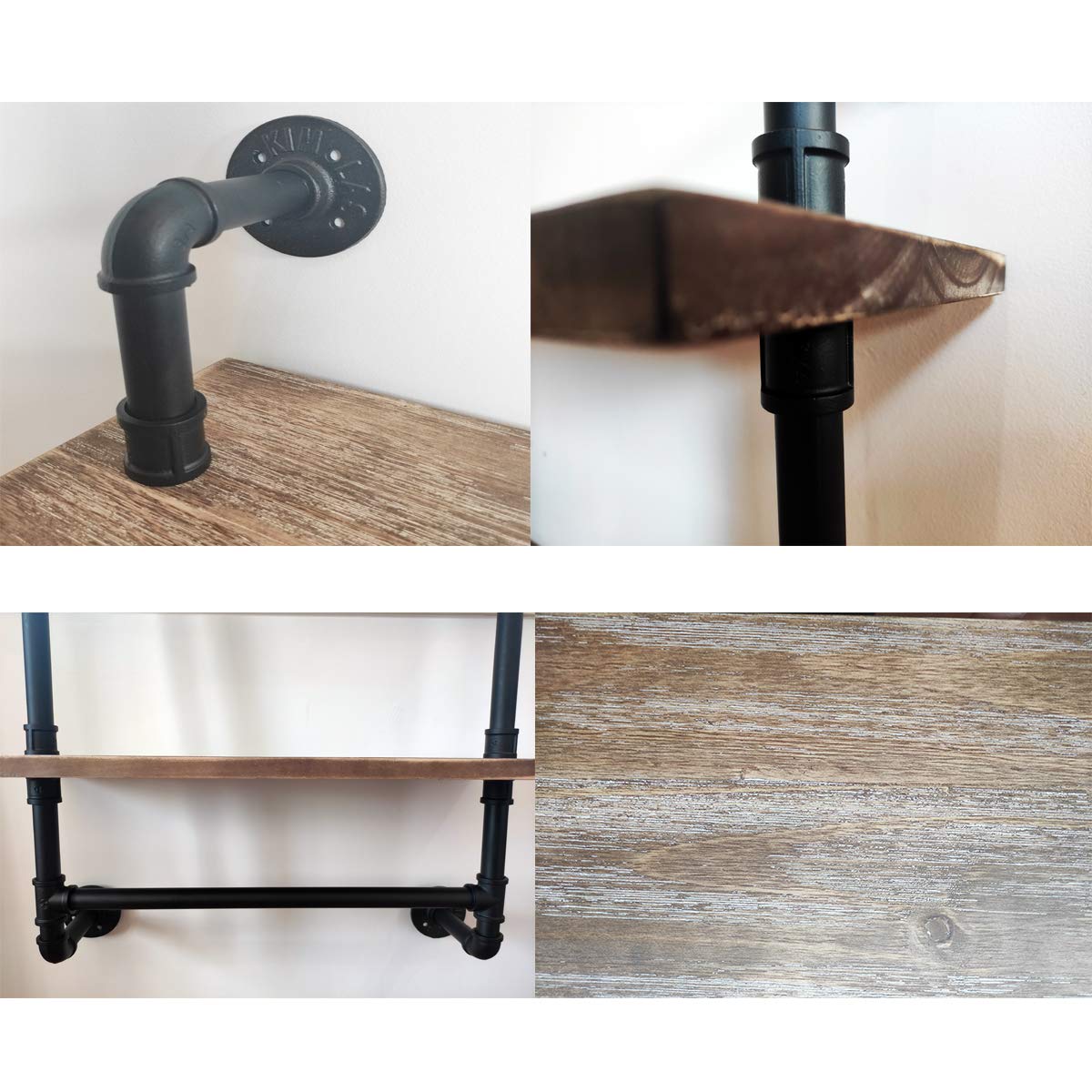 LooftMate Industrial Pipe Shelf,2 Tiered Metal Towel Racks for Bathroom,20" Industrial Pipe Floating Shelves Shelving,Rustic Wood Wall Mount Shelf with Bar,Iron Towel Holder