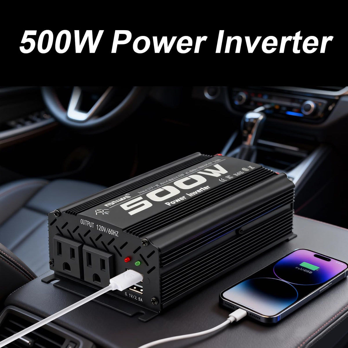 500 Watt Power Inverter car Inverter Rate 500W / Peak 1000W DC12V to AC 110V RV Inverter for Camping Charging Vehicle Power Inverter-Black(500W)
