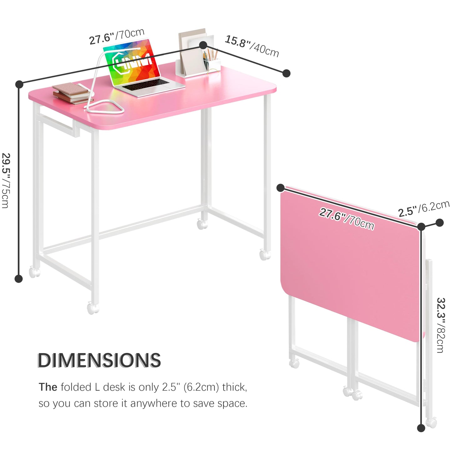 4NM 27.5" Mobile Small Rolling Computer Desk, Folding Laptop Cart Table with Wheels, Portable Office Desk for Small Space Couch Bed - Pink and White