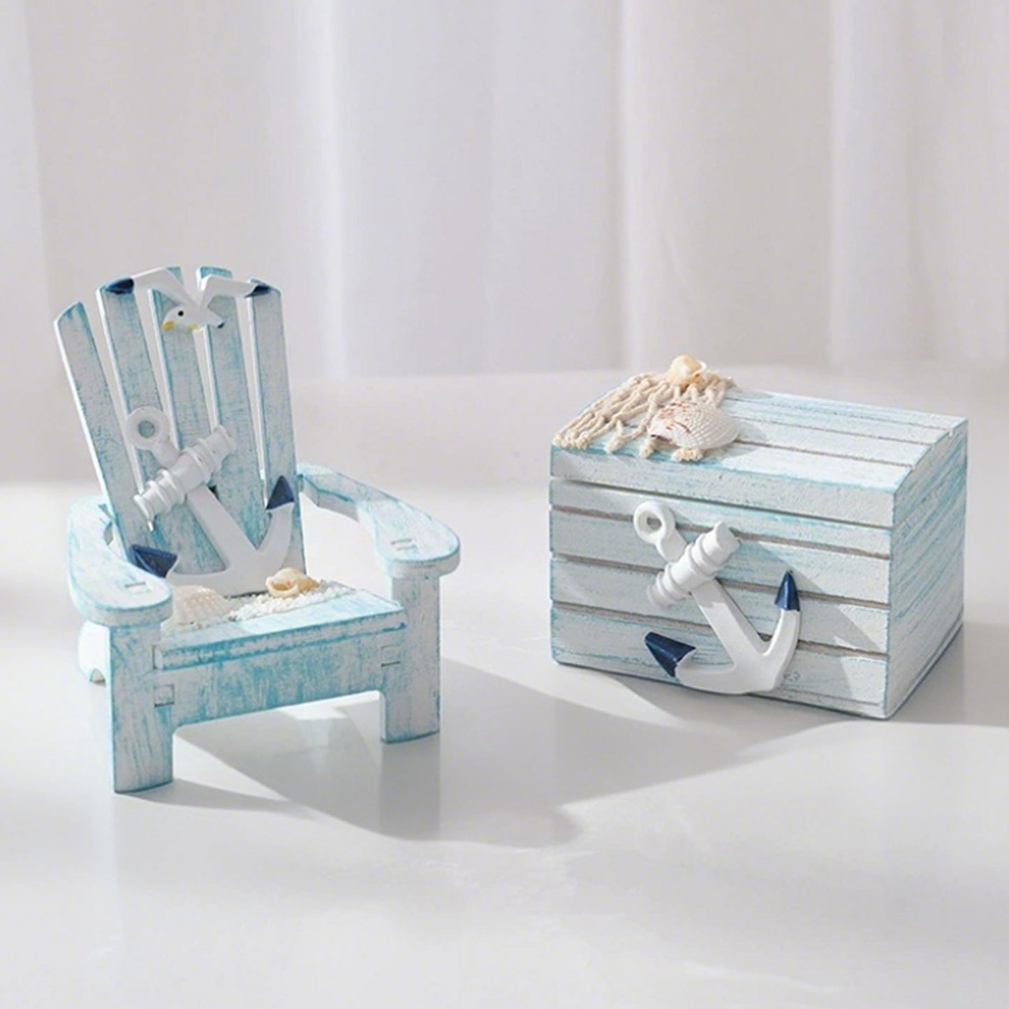 Veridian Living 2 Pack Wooden Handmade Mini Chair Jewelry Box Summer Beach Room Decor Hawaiin Nautical Theme Decoration for Home Office Desk (Anchor)