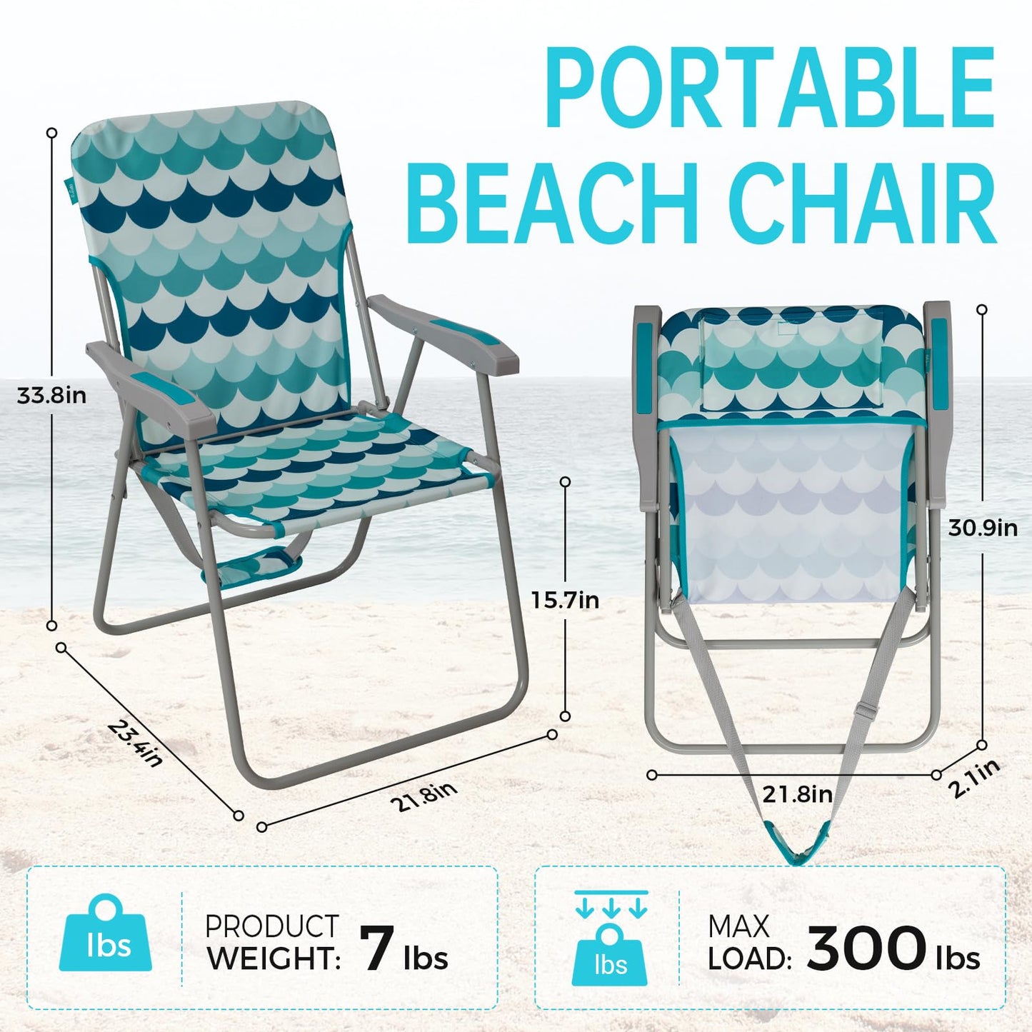 #WEJOY Folding Beach Chair for Adults, Lightweight Beach Chair with Shoulder Straps, High Back Camping Chairs with Hard Armrest, Supports 300lbs for Outdoor Lawn Concert (Cyan Blue)