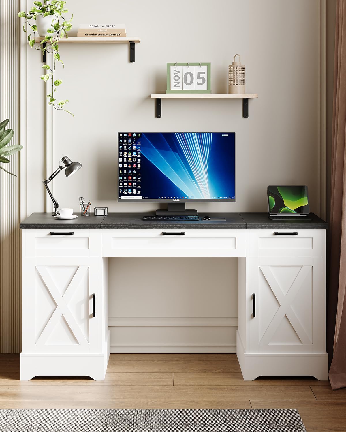 HOPUBUY Farmhouse Executive Desk with File Drawers,Wood Home Office Desk w/Charging Station,Adjustable Storage Cabinets,White Computer Writing Desk for Work,Study