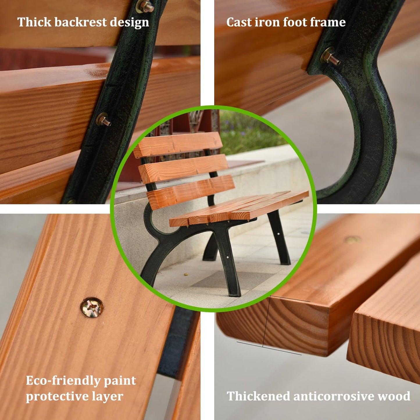 Weatherproof Outdoor Garden Bench with Backrest, Cast Iron Metal Frame & Solid Wood Seat, 59-Inch Patio Park Bench for Lawn, Balcony, Yard & Indoor Use,150cm/59inch