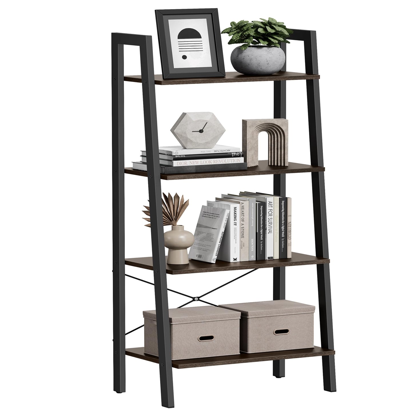 VASAGLE BARNET Collection - Ladder Shelf, Bookshelf, Storage Rack, Modern Bookcase for Living Room Home Office Kitchen, Steel Frame, 4-Tier, 22-Inch Wide, Hickory Brown and Ink Black ULLS44BF