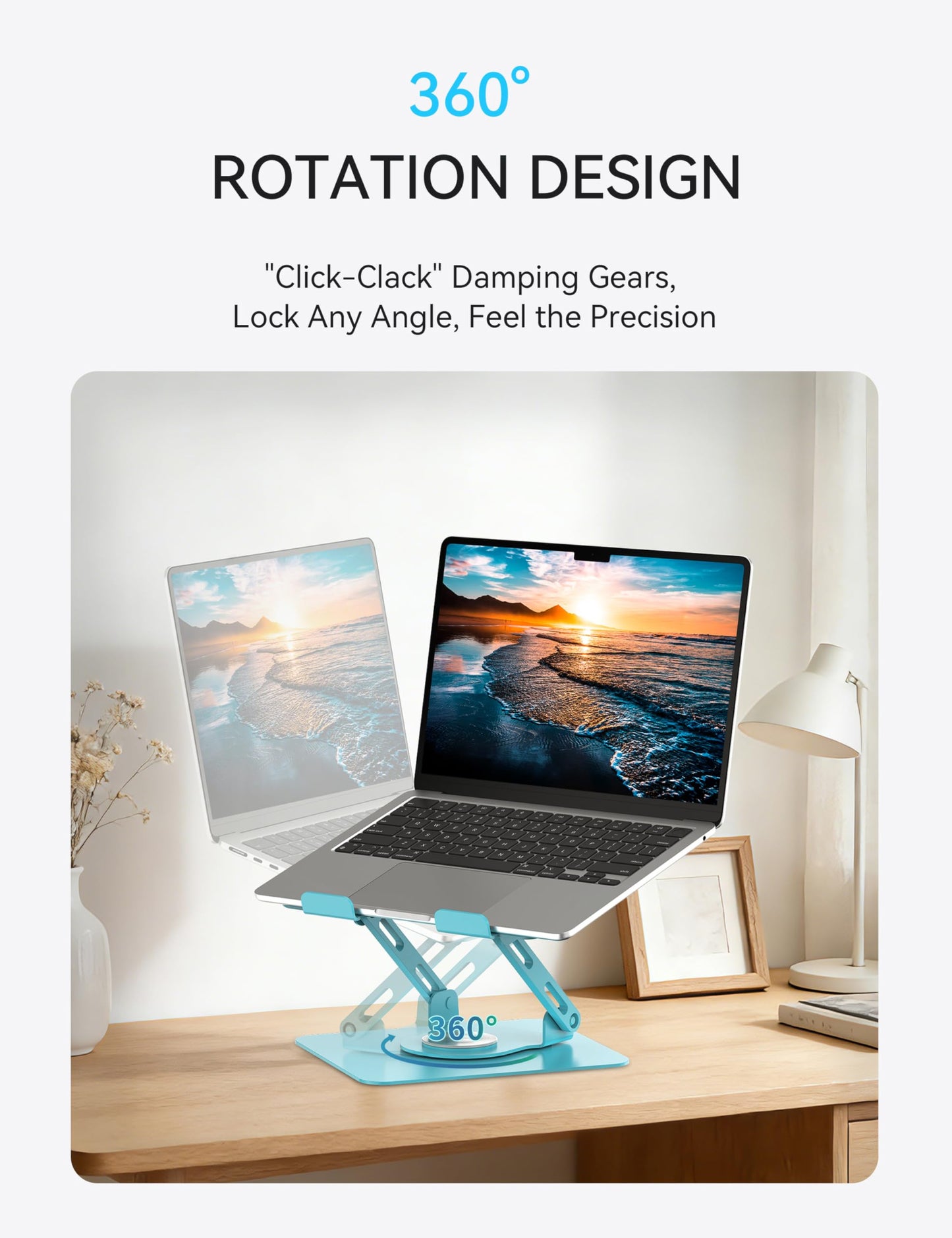 SOUNDANCE 360 Rotating Laptop Stand, Ergonomic Computer Riser for Desk, Adjustable Height Multi-Angle Metal Holder, Foldable Portable Notebook Elevating Base for Office & Home, Blue