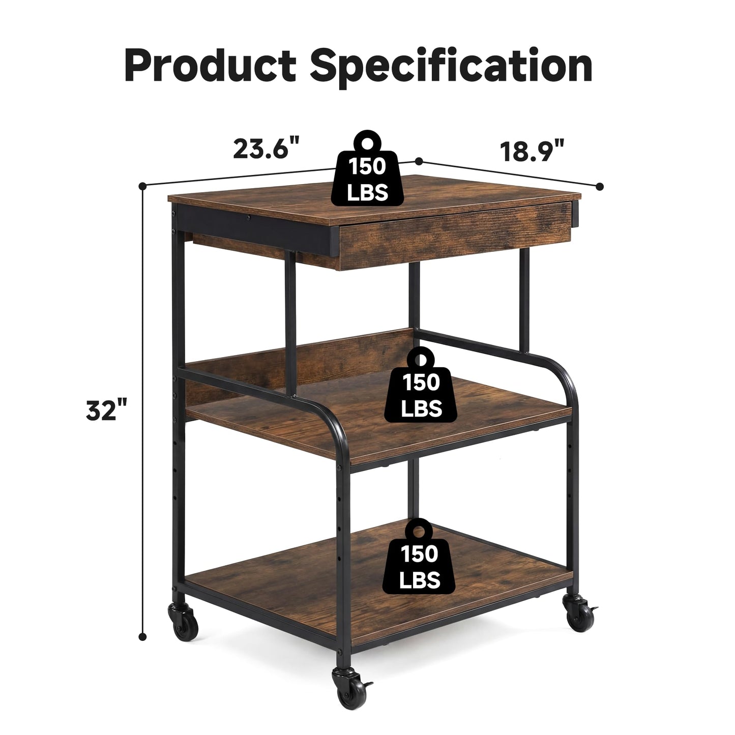 DongRong 3 Tier Printer Stand with Drawer – Rolling Printer Cart on Wheels for Home Office, Adjustable Shelf & Heavy Duty Steel Frame, Large Printer Table for Scanner Fax Copier,23.6''x18.9''