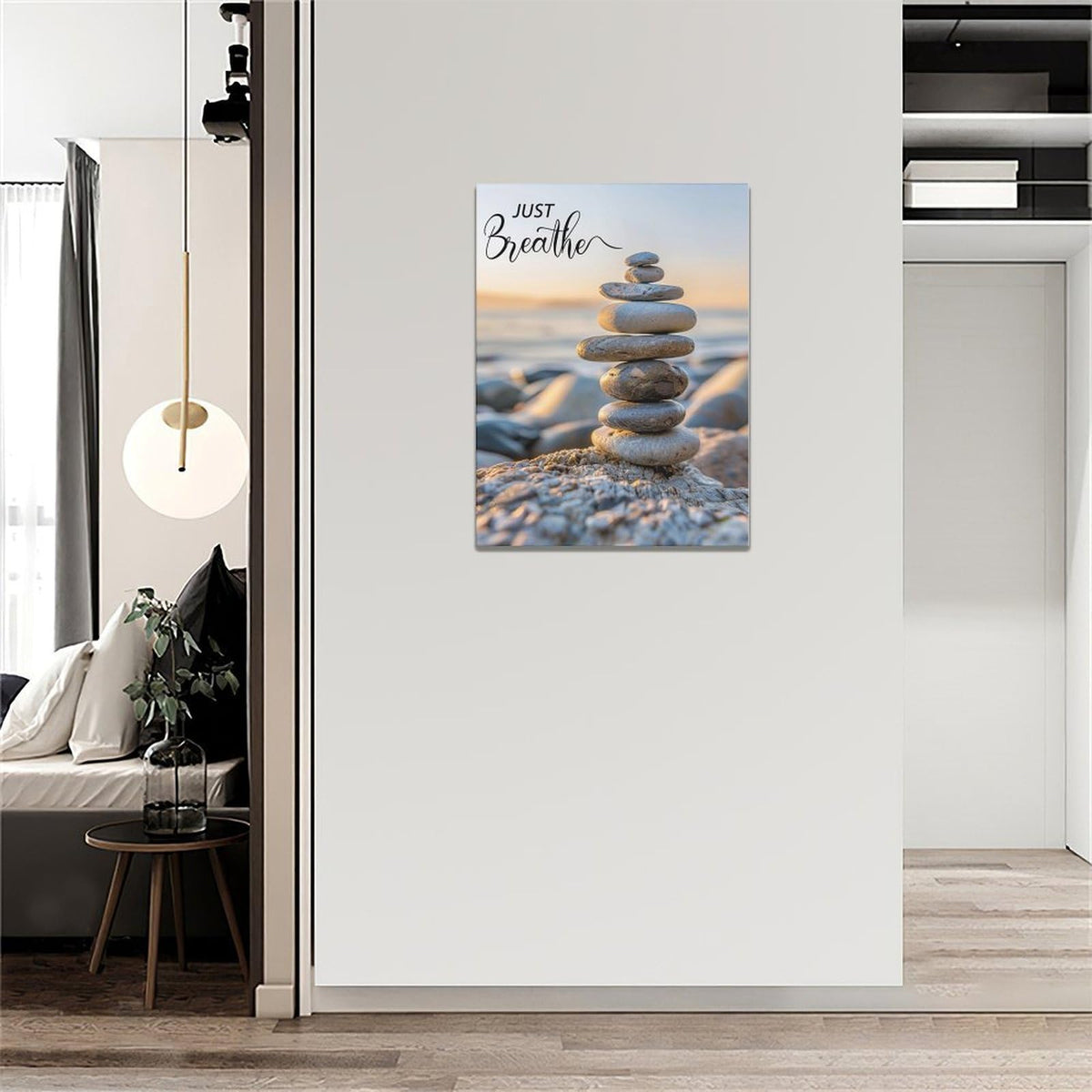 Zen Wall Art Spa Stone Just Breathe Pictures Canvas Wall Decor Meditation Yoga Painting Peaceful Home Modern Artwork Decorations Framed for Bathroom Bedroom Living Room Office 12 x 16 inch