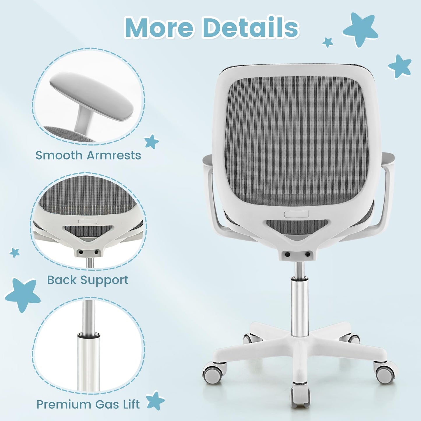 Costzon Kids Desk Chair, Height Adjustable Children Study Computer Chair with Armrests, Sit-Brake Casters, Swivel Mesh Task Chair for Boys Girls Teens Students, Kids Chair for Home, Office (Gray)