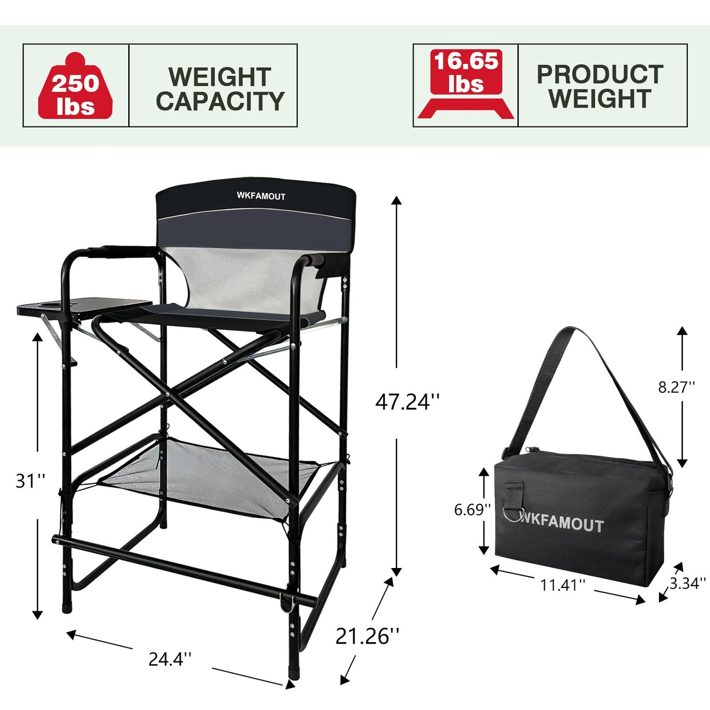 WKFAMOUT Tall Folding Director Chair 30.7" Seat Height Foldable Bar Stool for Makeup Artist Face Painting with Side Table Carry Bag and Cosmetic Bag Supports 250LBS